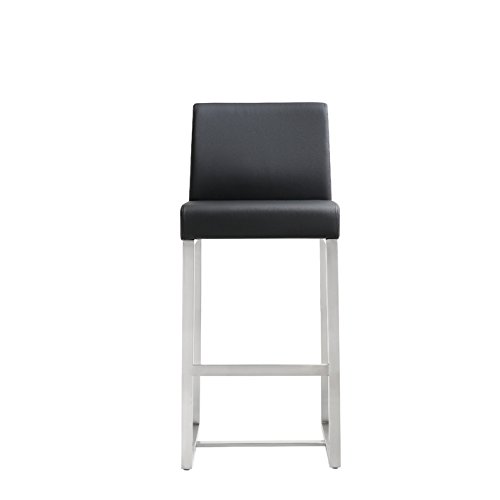 Premium Denmark Black Vegan Leather Counter Stools - Set of 2, Stainless Steel Frame, Modern Bar Stools for Kitchen Island, Breakfast Nook & Dining Room Decor