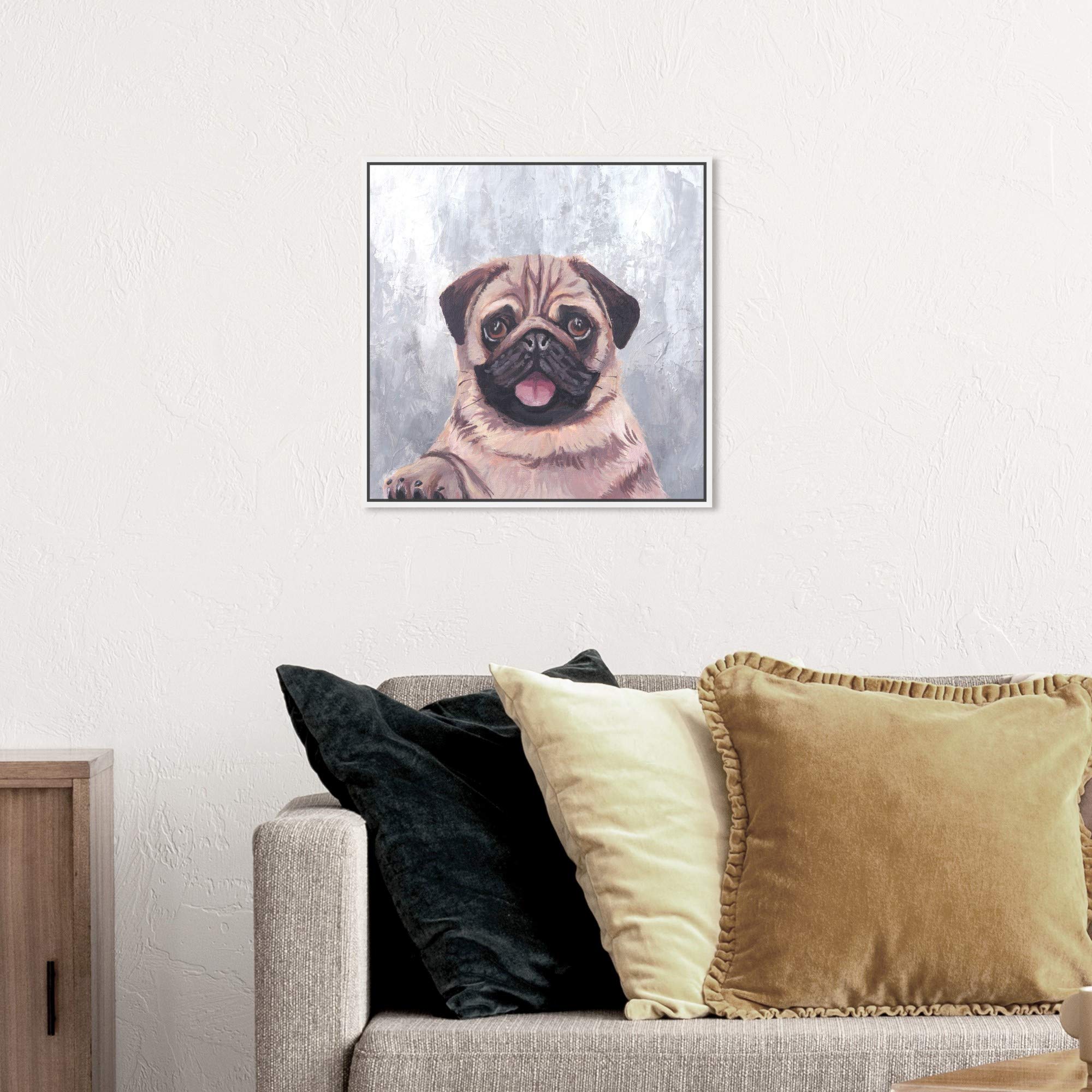 Happy Pug Dog Wall Art - 20x20 Inch Framed Canvas Print by Oliver Gal Artist Co. - Brown & Gray Animal Home Decor for Living Room, Bedroom & Office