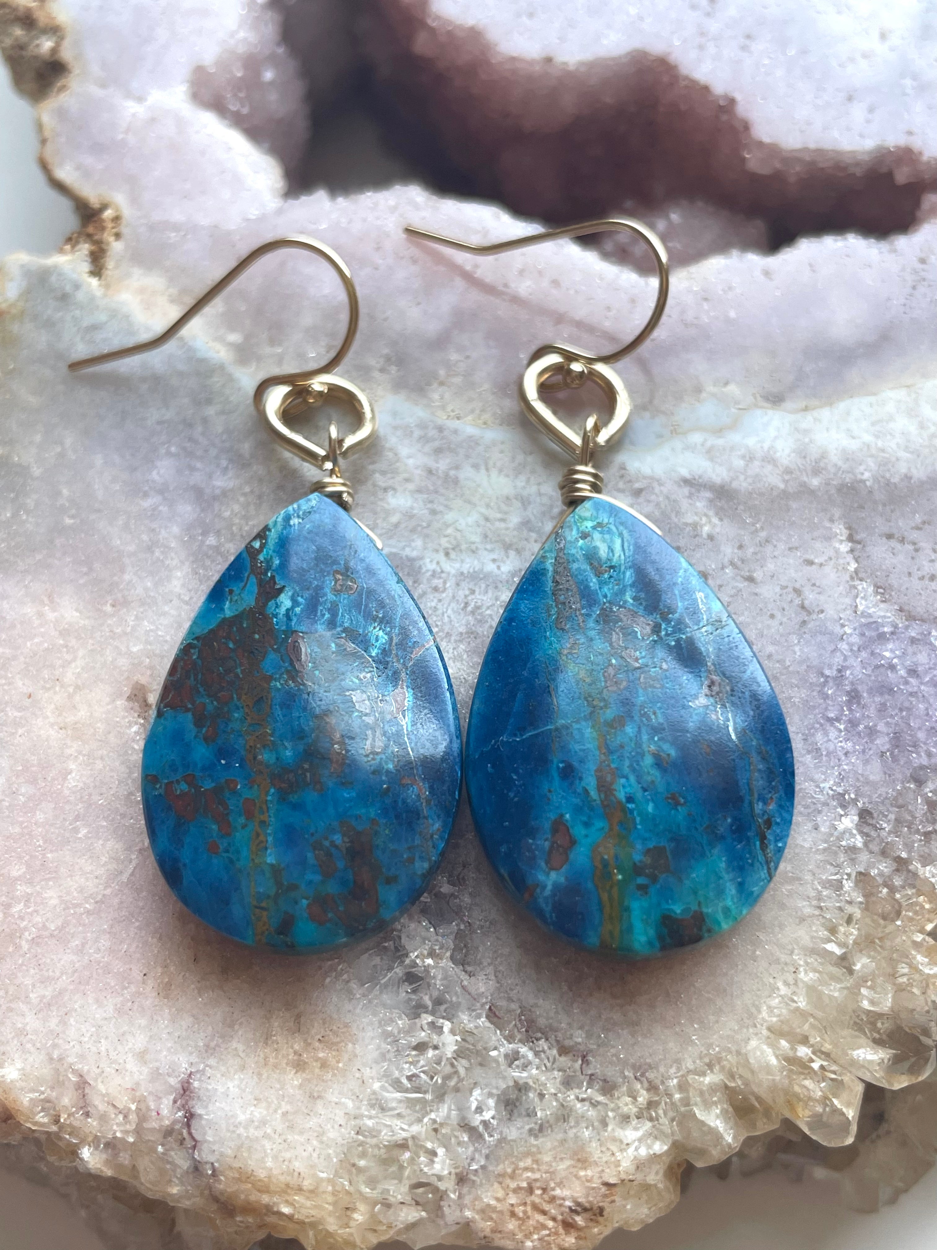 Large Chrysocolla Gold Filled Statement Crystal Gemstone Earrings for Women | Elegant Bohemian Jewelry for Parties, Weddings & Special Occasions