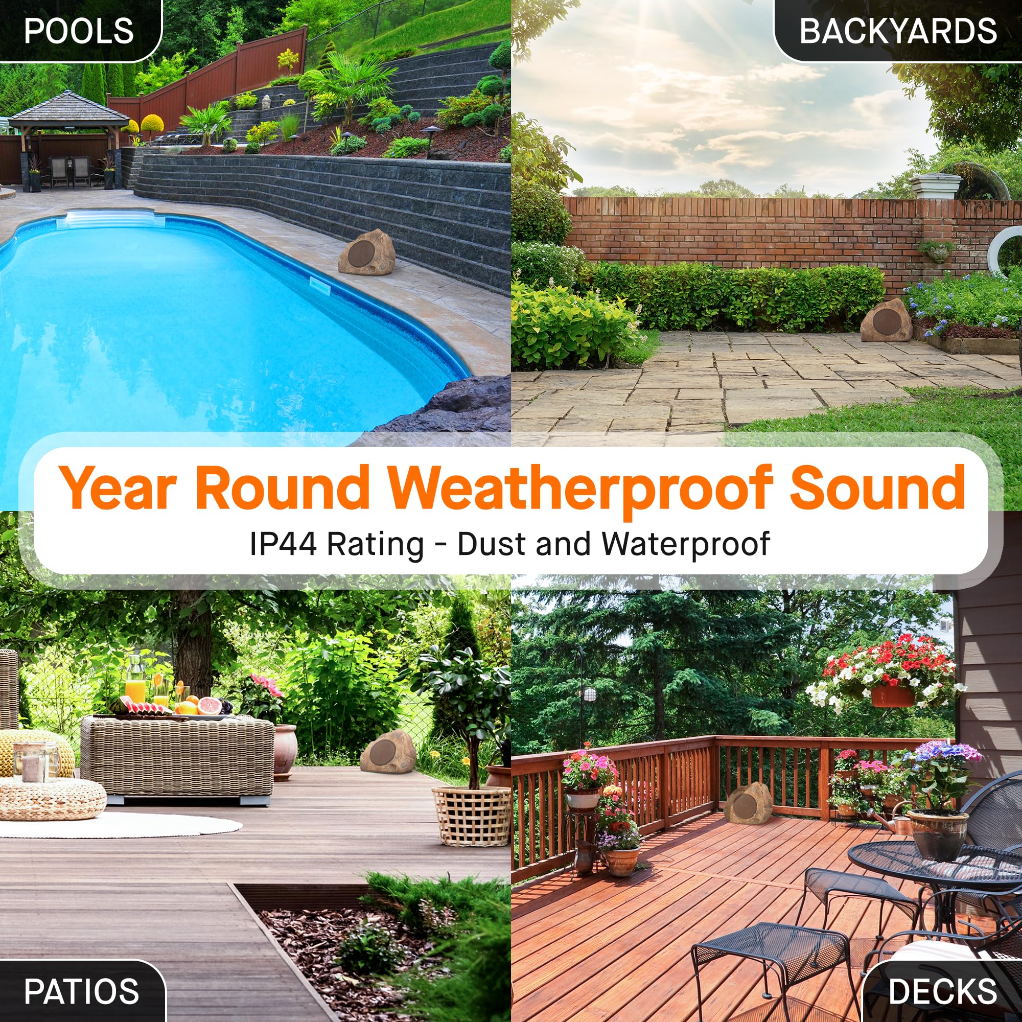 Homewell Solar Rock Speakers - Outdoor Waterproof Bluetooth Wireless Speakers - Weatherproof Landscape Speakers for Pool, Patio, Deck, Backyard, Garden - Year Round Outdoor Use - Perfect for Parties, Camping, and Beach Gatherings (2-Pack, Brown)