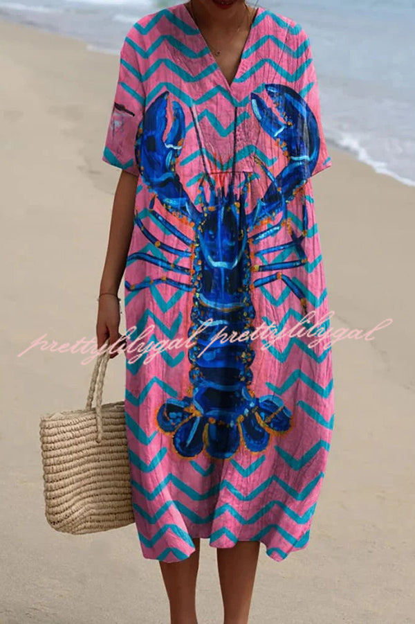 Stylish Marine Print V-Neck Short Sleeve Midi Dress for Women | Beach Vacation, Summer Party & Casual Outfit