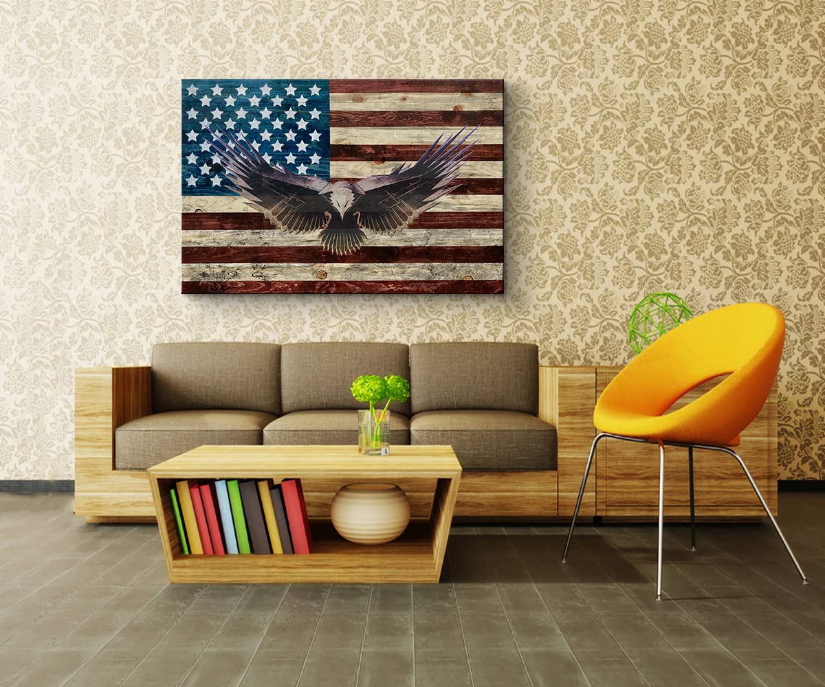 American Flag Wooden Wall Art - Handcrafted Eagle Military Decor Patriotic Wood Flag Poster for Home, Bedroom & Office - Ready to Hang (28''H x 40''W) - Perfect for Veterans Day, Independence Day & Patriotic Home Decor