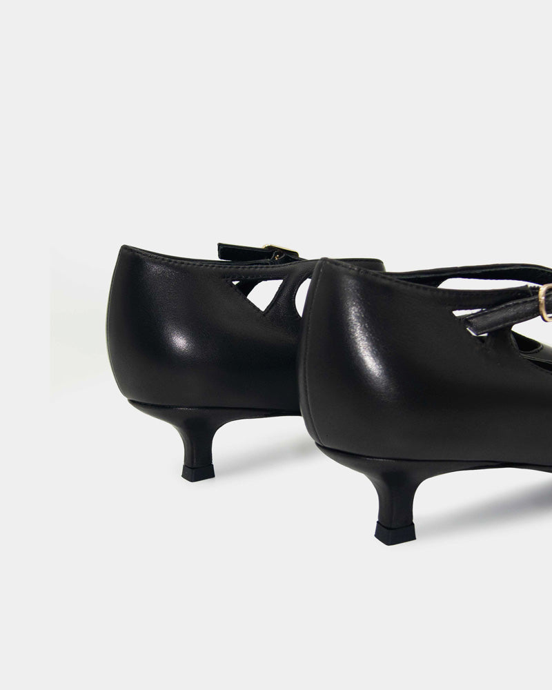 Black Leather T-Strap Kitten Heels - Women's Classic Pointed Toe Low Heel Pumps for Office, Wedding & Evening Wear