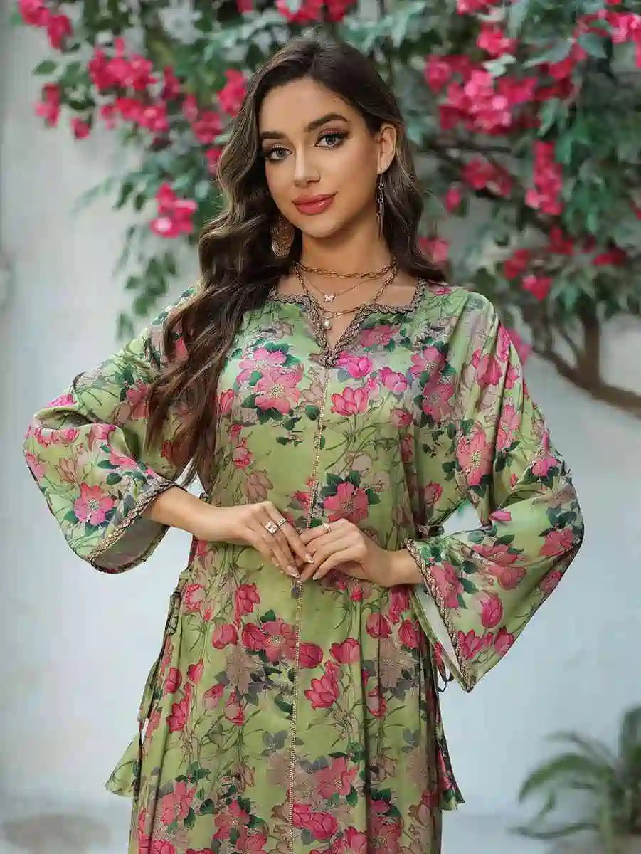 Elegant Eid Printed Hotfix Rhinestone Caftan Dress for Women - Perfect for Celebrations, Parties & Special Occasions | Stunning Embellished Kaftan for Festive Events & Holiday Gatherings