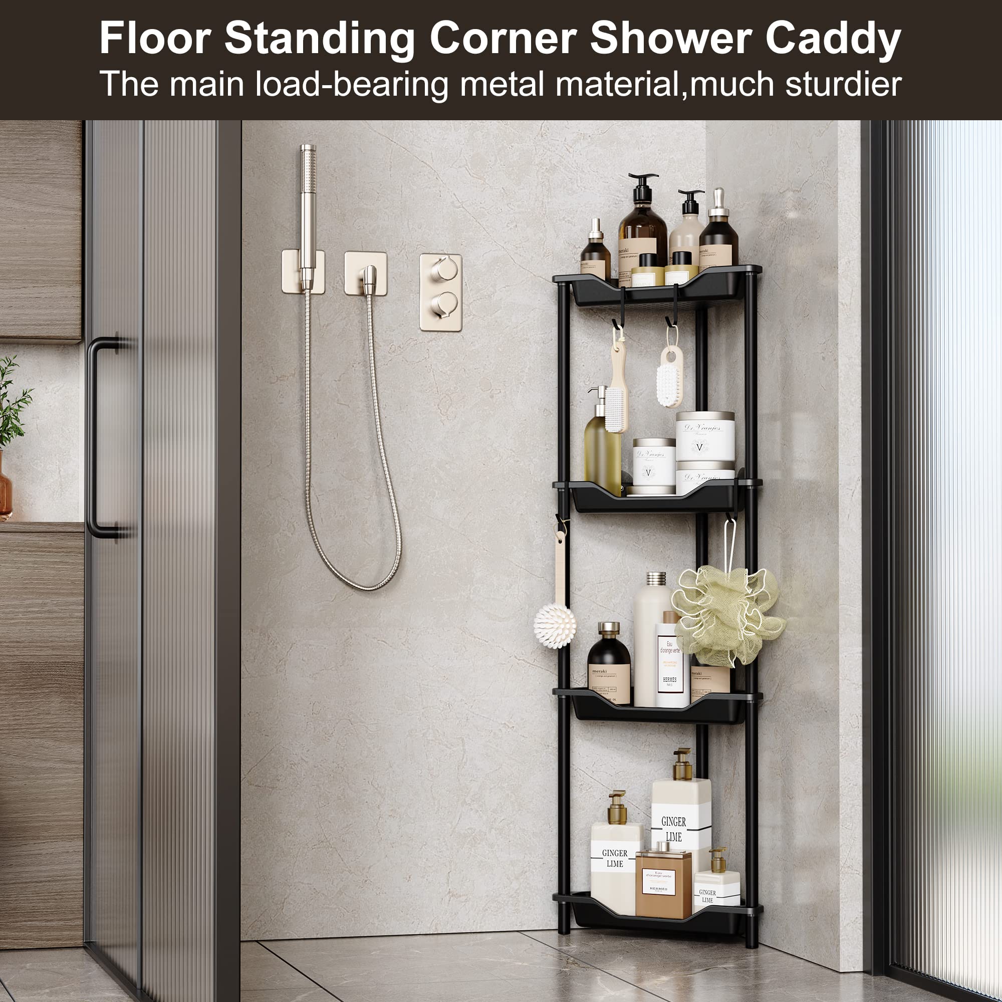 Rustproof 4-Tier Floor Standing Corner Shower Caddy Organizer - Plastic & Metal Bathroom Storage Shelf (10.8