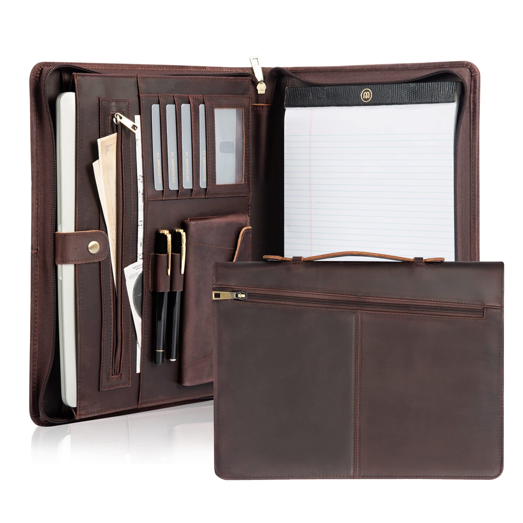 Premium Handmade Leather Portfolio with Handle - Vintage Padfolio for iPad & MacBook (Up to 13.3