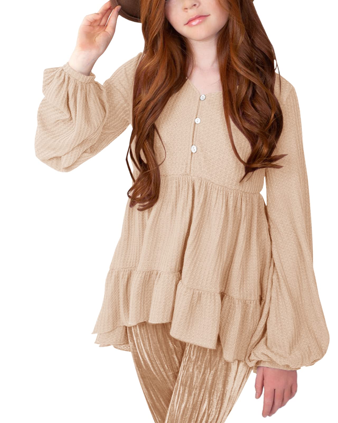 Popheartgo Girls Waffle Tunic Tops - Cute Babydoll Peplum Blouses with Ruffle Sleeves for Kids | Loose Fit Long Sleeve High-Low Jumper | Perfect for School, Playdates & Special Occasions