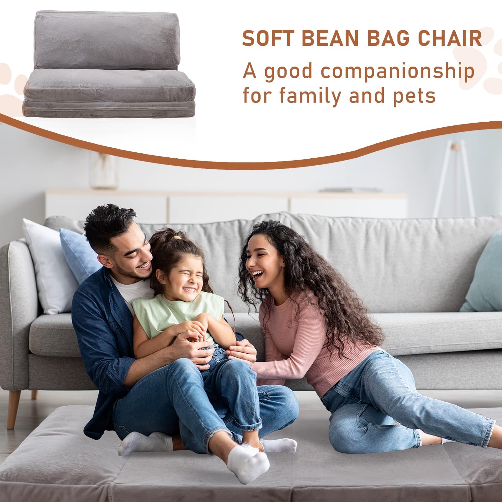 MAXYOYO Extra Thick Folding Bean Bag Bed - 54x95 Inch Floor Sofa for Adults with Washable Faux Fur Cover | Versatile Floor Couch for Bedroom, Living Room & Guest Room | Grey Comfortable Floor Chair for Relaxing, Lounging & Sleepovers