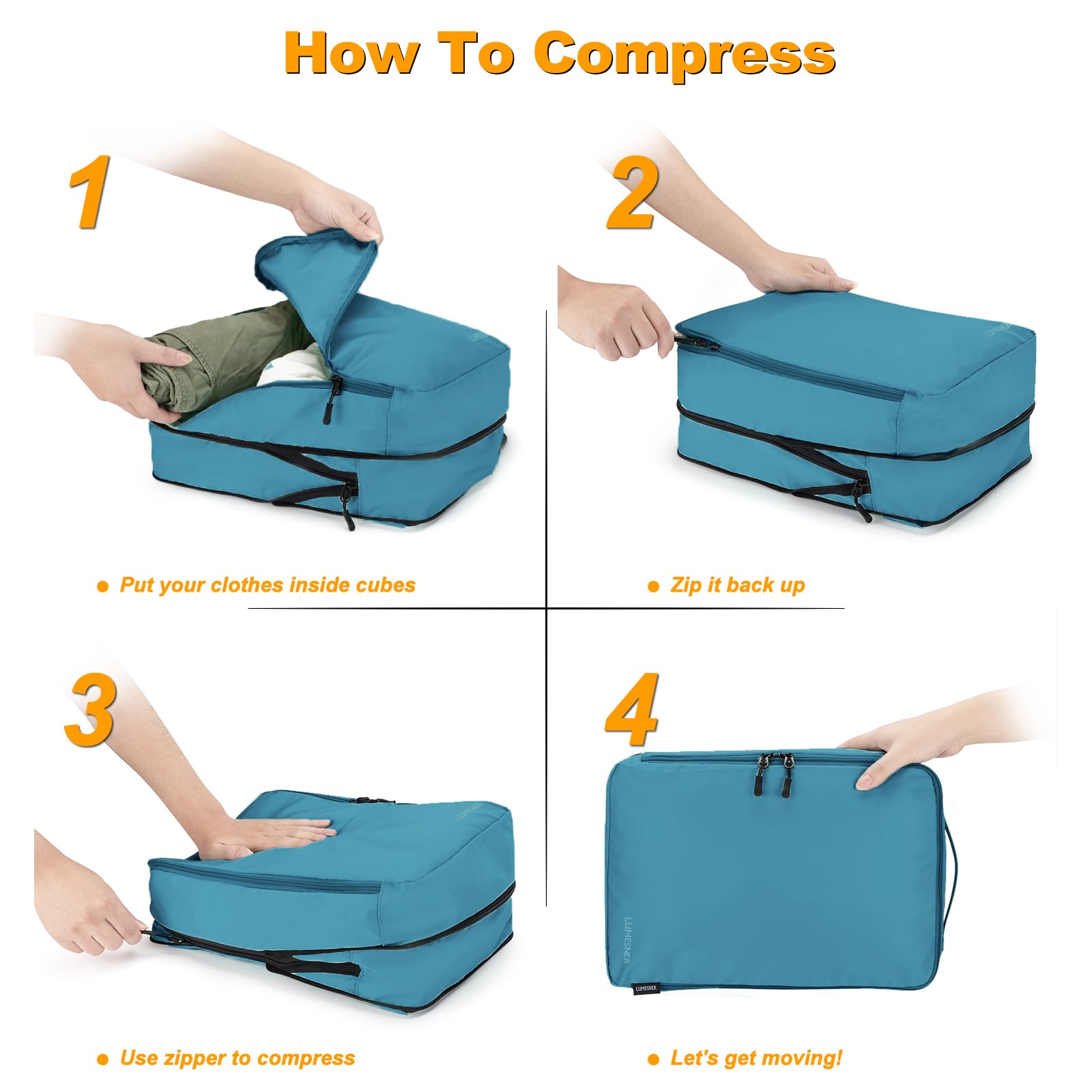 Lumesner 8-Piece Compression Packing Cubes Set for Travel - Space Saving Suitcase Organizers for Carry-On Luggage (Blue) | Perfect for Business Trips, Vacations & Weekend Getaways