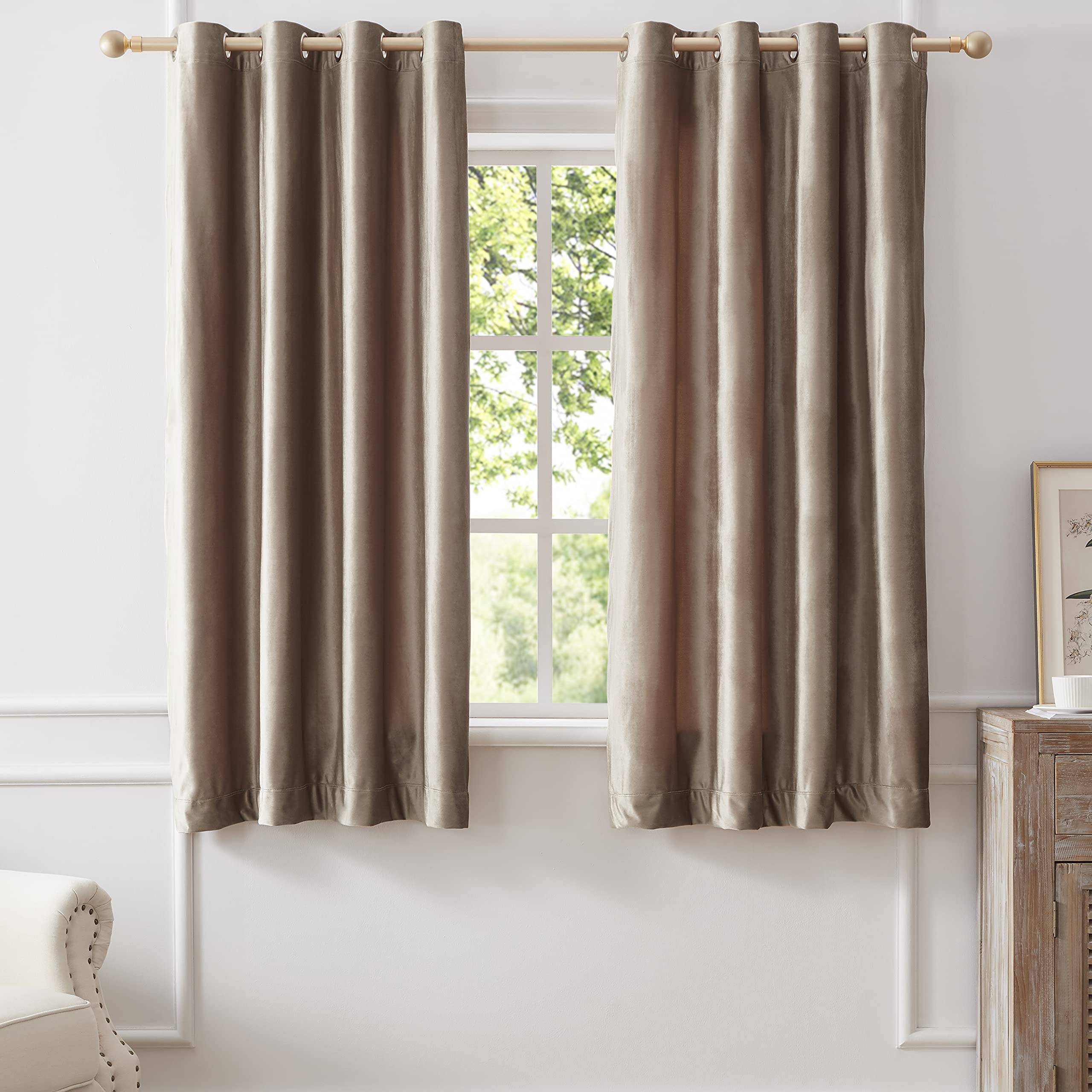 BULBUL Velvet Blackout Curtains 63 Inch Length - Thermal Insulated Room Darkening Drapes for Living Room & Bedroom, Set of 2 Panels in Taupe | Noise Reducing, Energy Saving Window Treatment for Home Decor
