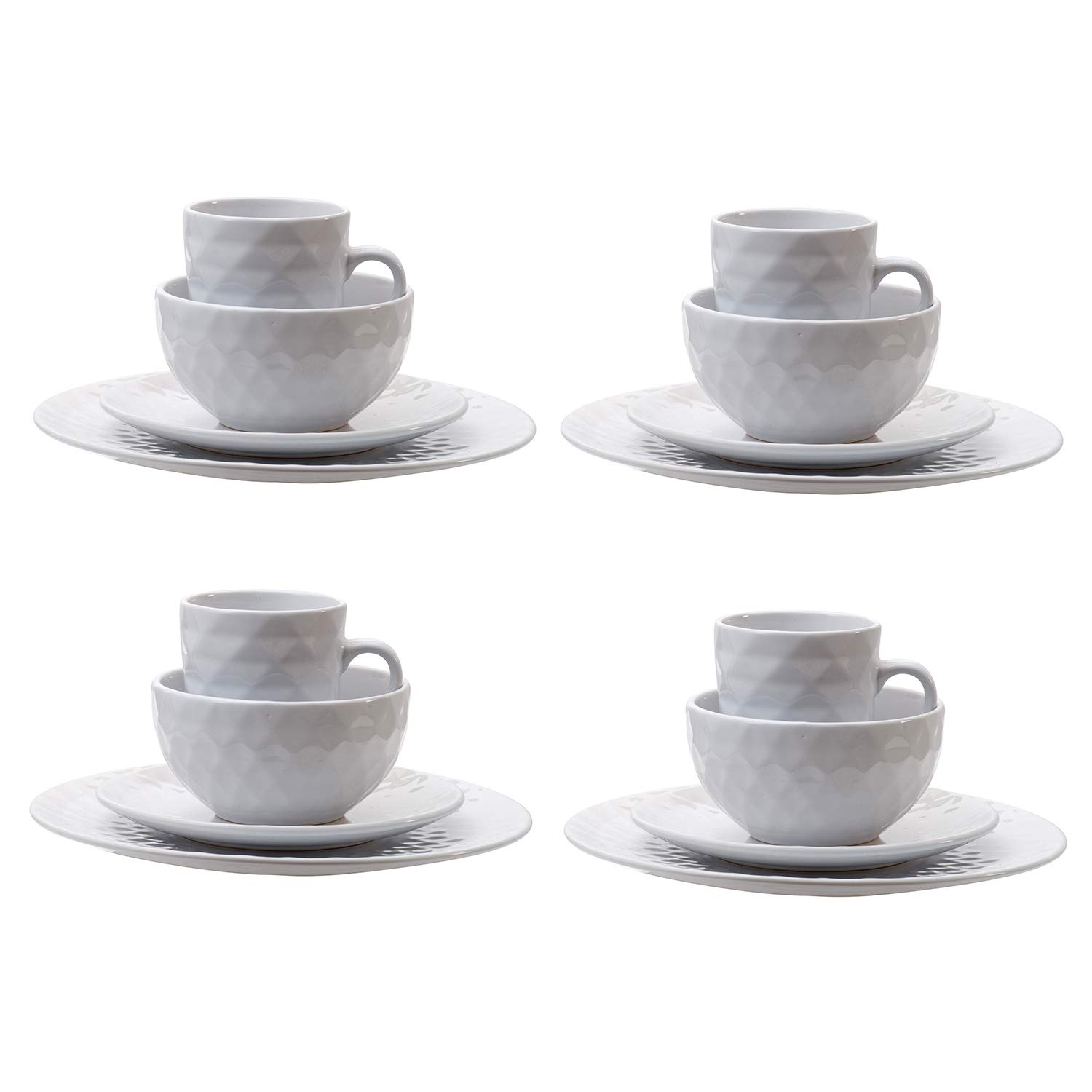A&B Home 16-Piece Dinnerware Set - Glossy Cream Stoneware Plates, Bowls & Mugs with French Country Geometric Design - Service for 4 - Perfect for Family Dinners, Entertaining Guests & Everyday Use