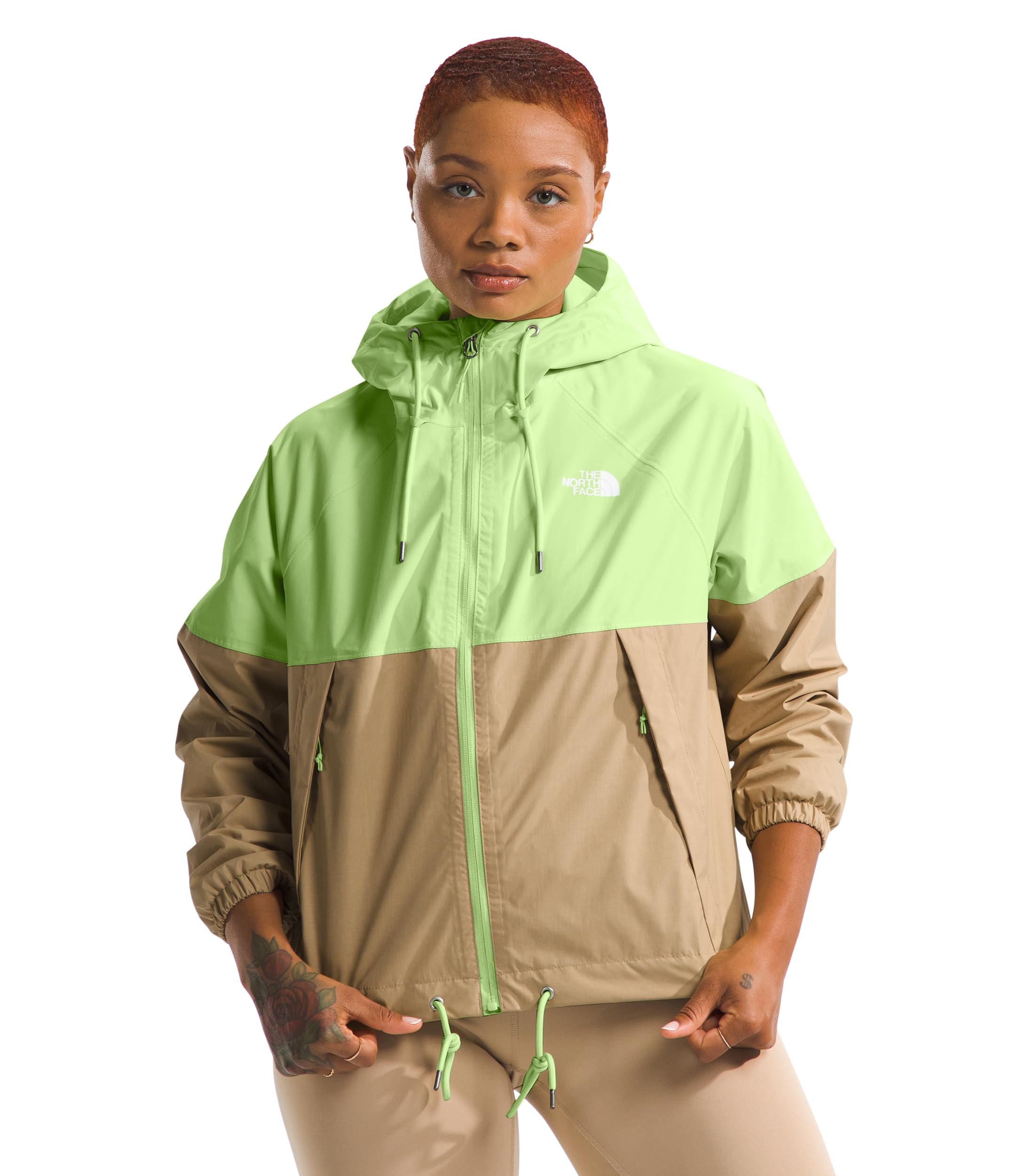 THE NORTH FACE Women's Waterproof Rain Jacket - Antora Hoodie (Standard & Plus Size) | Astro Lime/Khaki Stone | Large | Lightweight Windbreaker for Hiking, Camping & Outdoor Activities