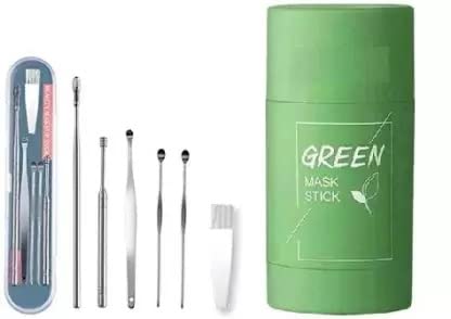 Lusty Soul Green Tea Face Mask Stick - Oil Control & Deep Pore Cleansing with Ear Wax Remover Kit (2-Piece Set) | Perfect for Skincare Routine & Travel Essentials