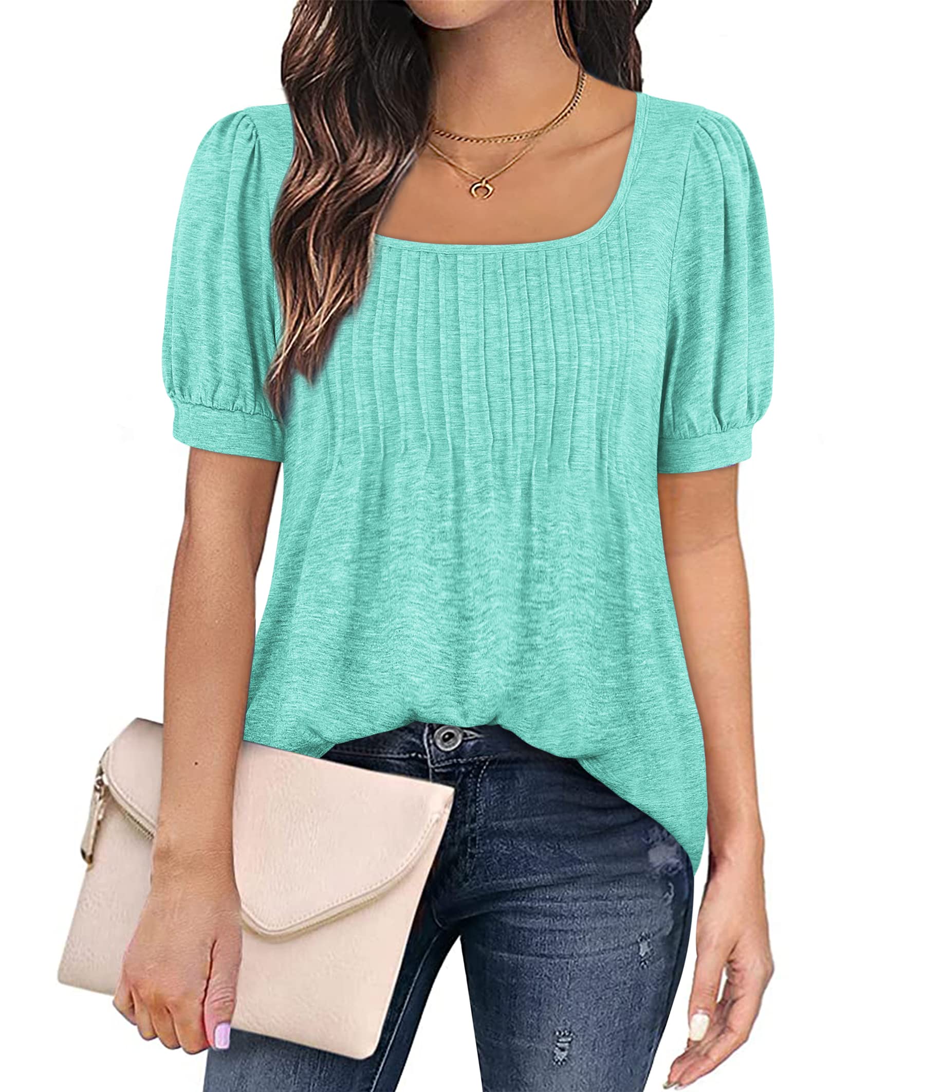 Zwurew Women's Summer Casual Puff Short Sleeve T-Shirt - Square Neck Pleated Flowy Tunic Top for Leggings (Sizes S-2XL) | Trendy Blouse for Outfits, Beach Wear & Daily Fashion