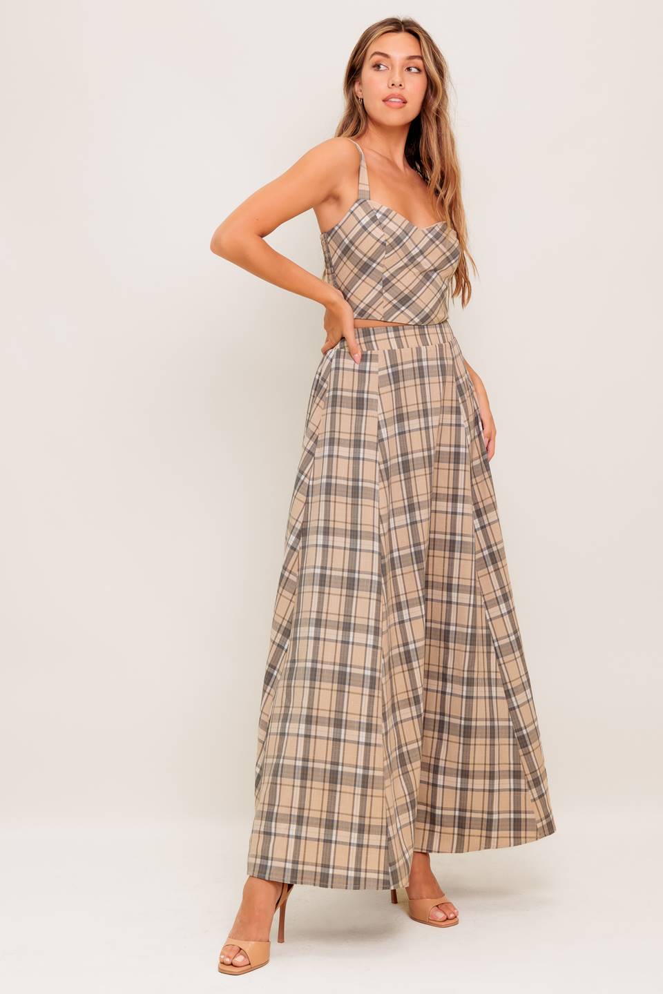 Heritage Charm Beige Plaid Top & Skirt Set - Vintage-Inspired Women's Outfit for Casual Wear & Fall Fashion