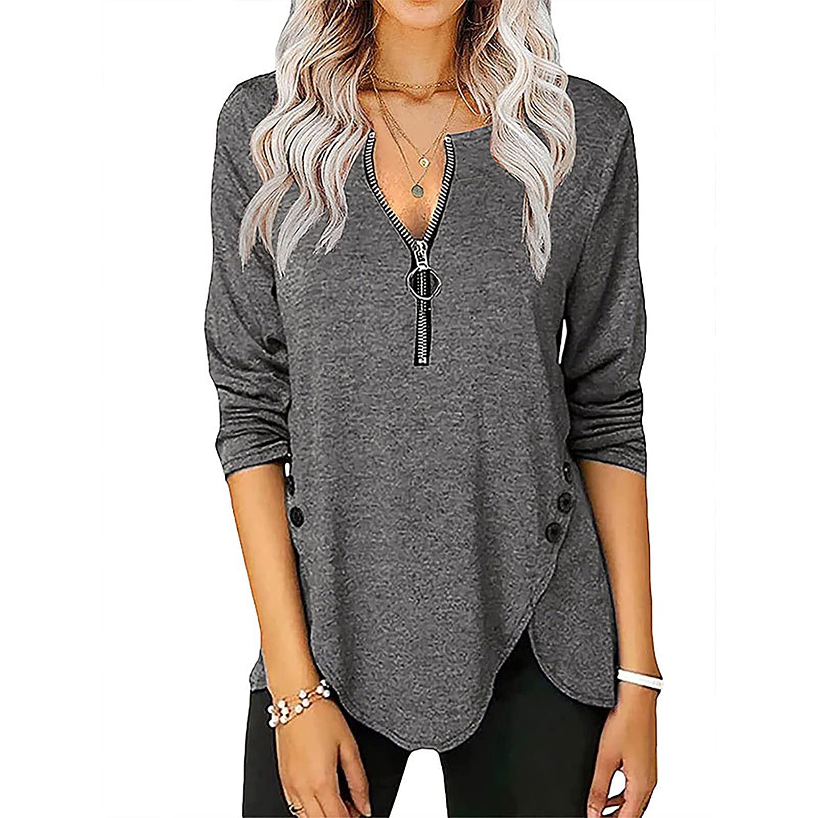 ZEFOTIM Women's Trendy Spring Fashion V-Neck Long Sleeve Blouse with Button Trim & Zipper Detail - Casual Tunic Top for Work, Date Night & Everyday Wear