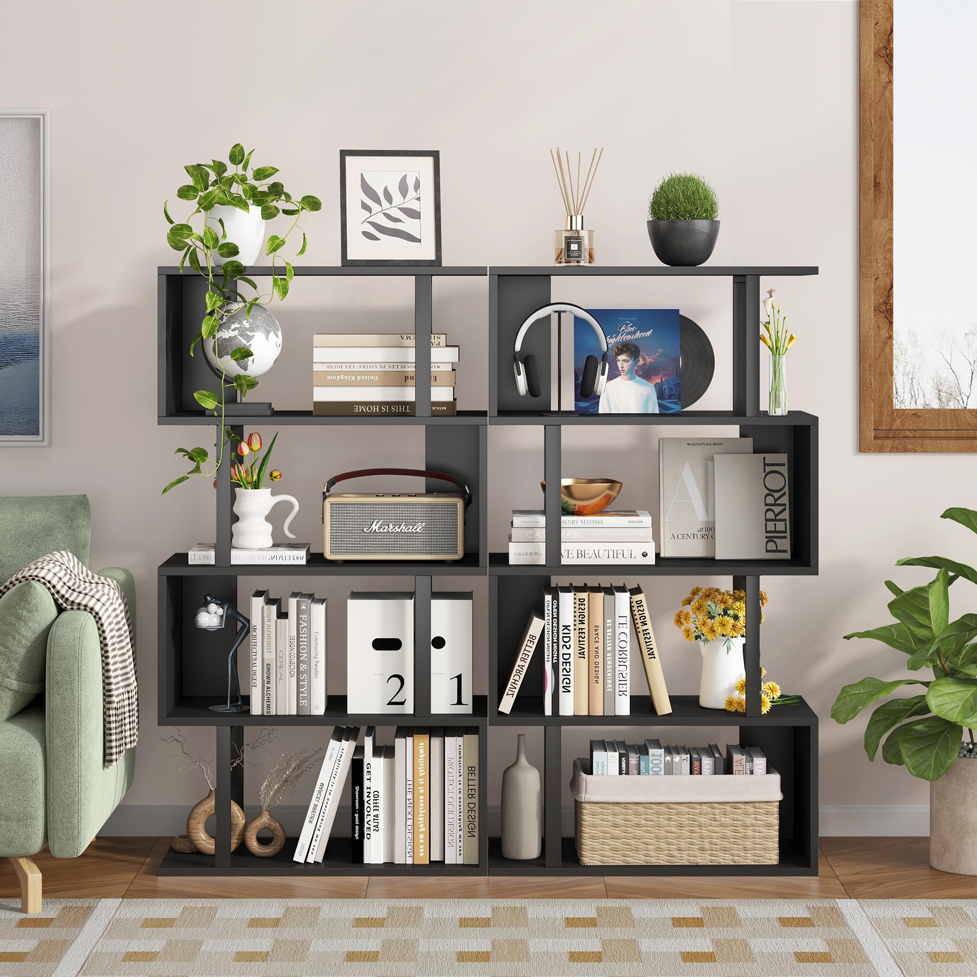 Yusong Geometric Bookcase - 4-Tier S-Shaped Bookshelf for Bedroom & Home Office, Modern Wooden Display Shelf for Books & Decor, Black - Perfect for Small Spaces & Stylish Storage Solutions