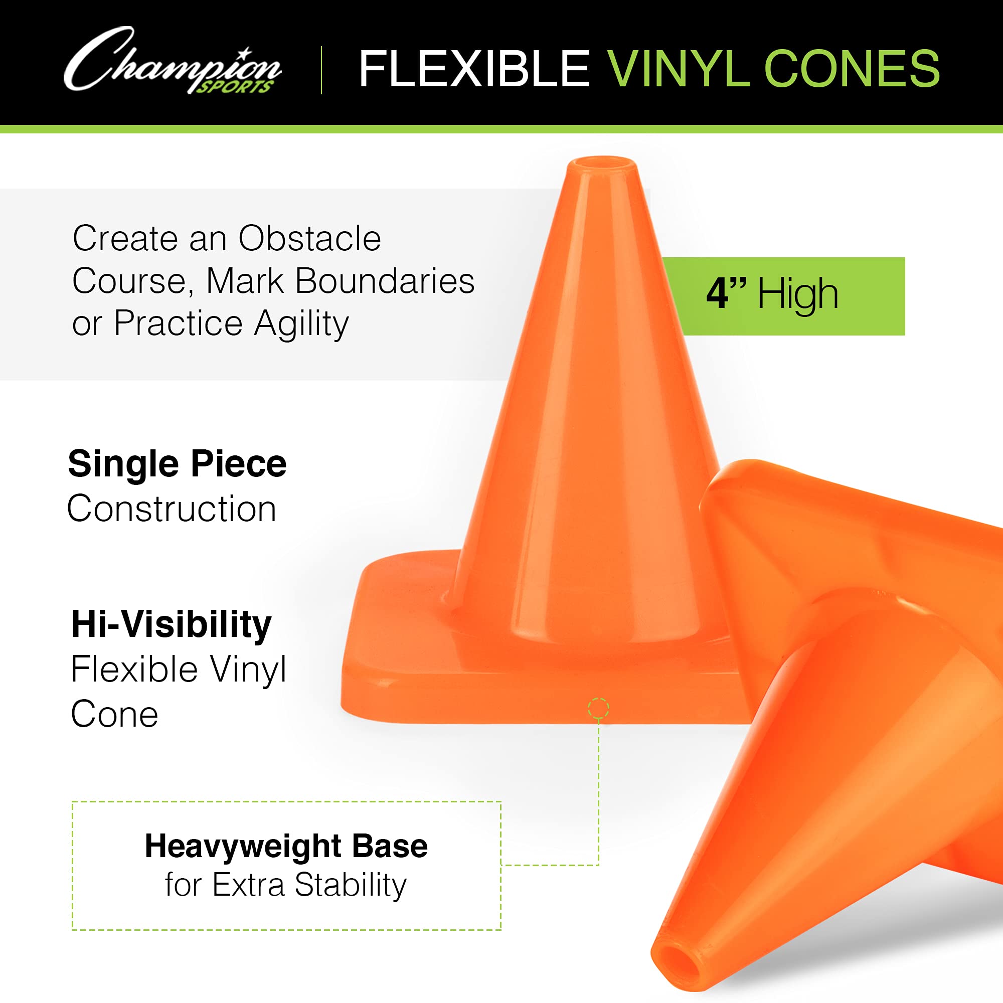 Champion Sports High Visibility Flexible Vinyl Cones - Bright Safety Cones for Sports Training, Traffic Control & Outdoor Activities