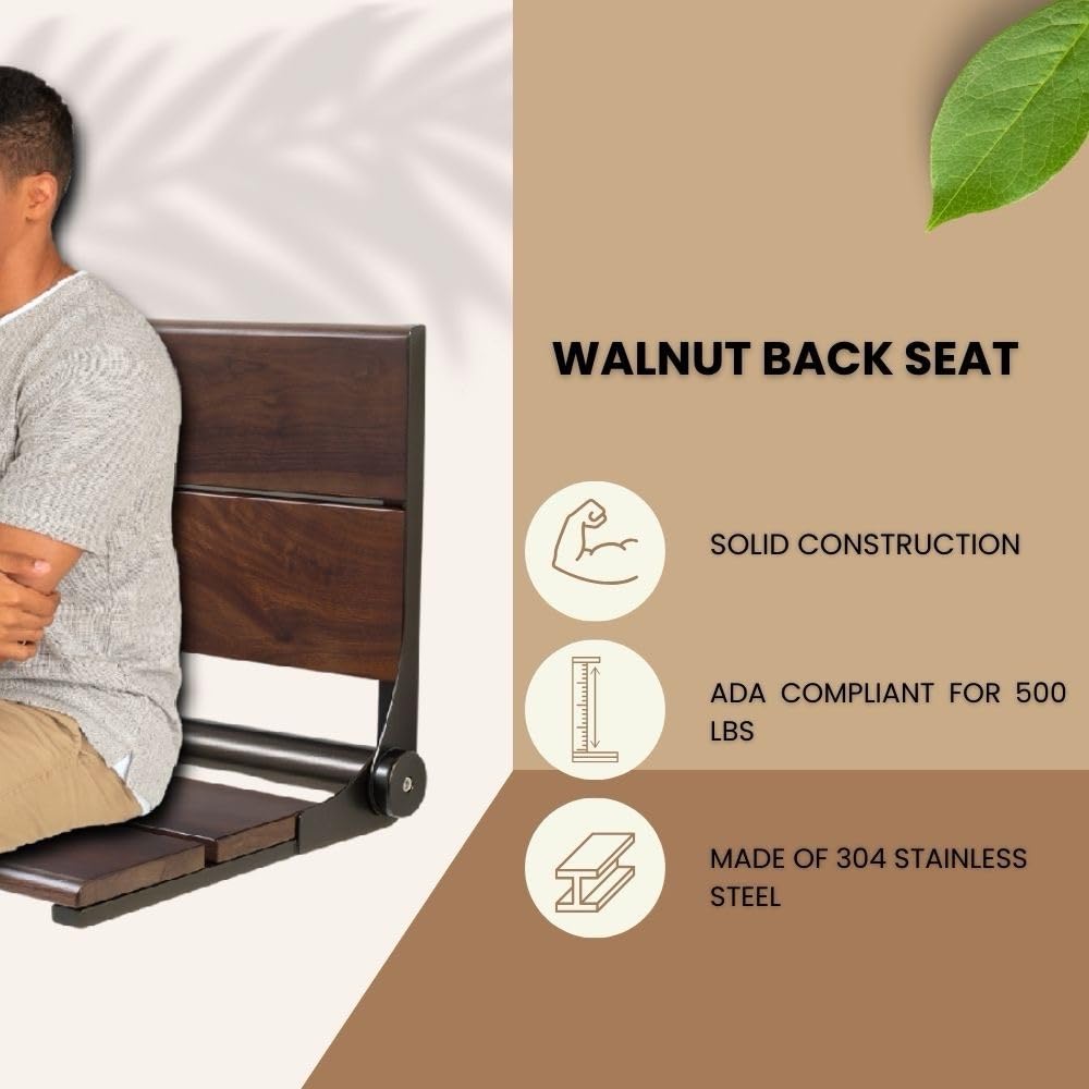 Folding Shower Seat with Back - ADA Compliant Wall Mount Bathroom Bench for Seniors & Disabled, 500 lb Weight Capacity, Walnut Finish, 304 Stainless Steel, Oil Rubbed Bronze, 26x16 Inches - Perfect for Elderly Safety, Accessible Bathing & Spa Relaxation