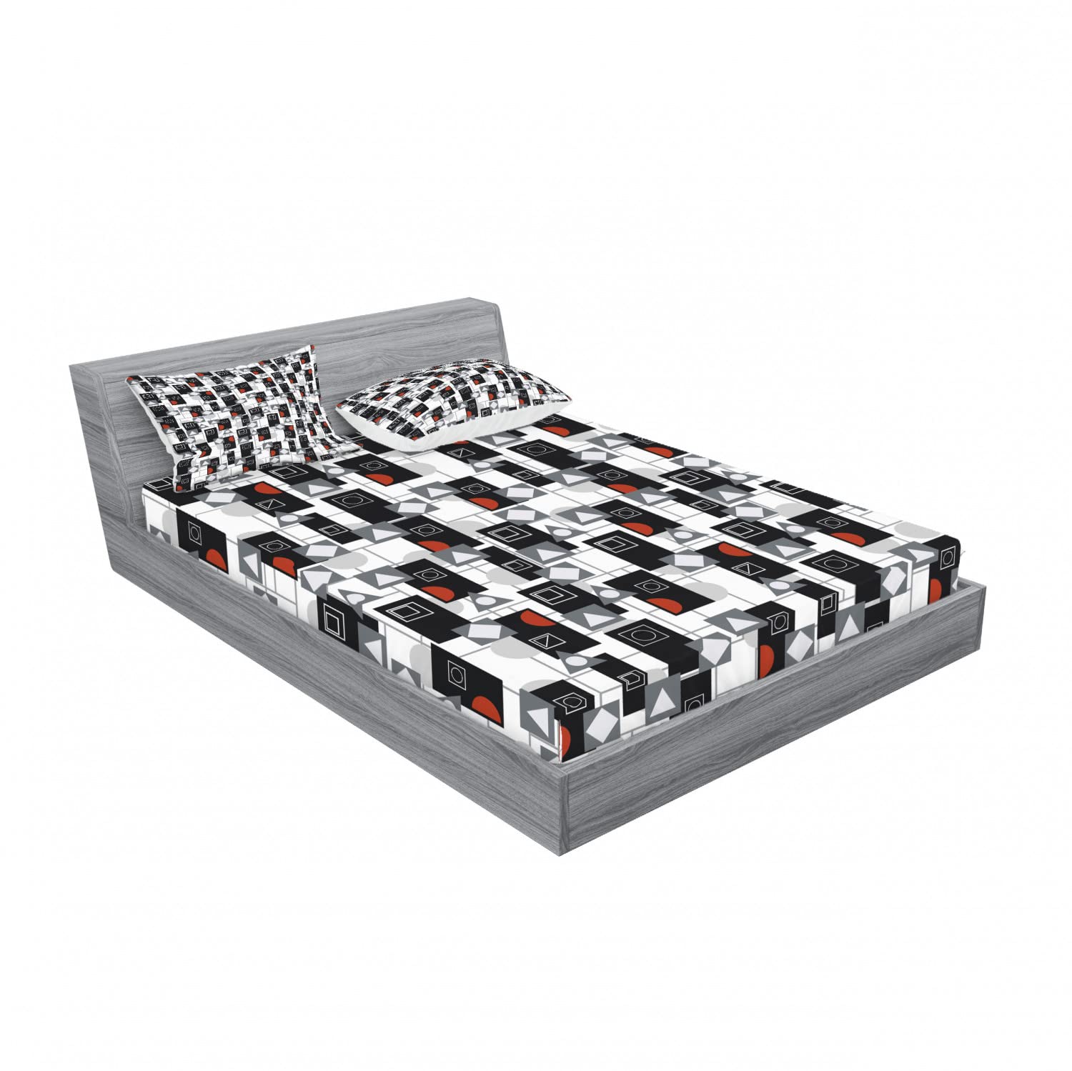 Ambesonne Geometric 2-Piece Full Size Fitted Sheet Set with 4 Pillow Shams - Modern Abstract Pattern Bedding in Grey Vermilion | Soft Stretch Jersey Fabric for Guest Rooms, Dorms & Apartment Decor