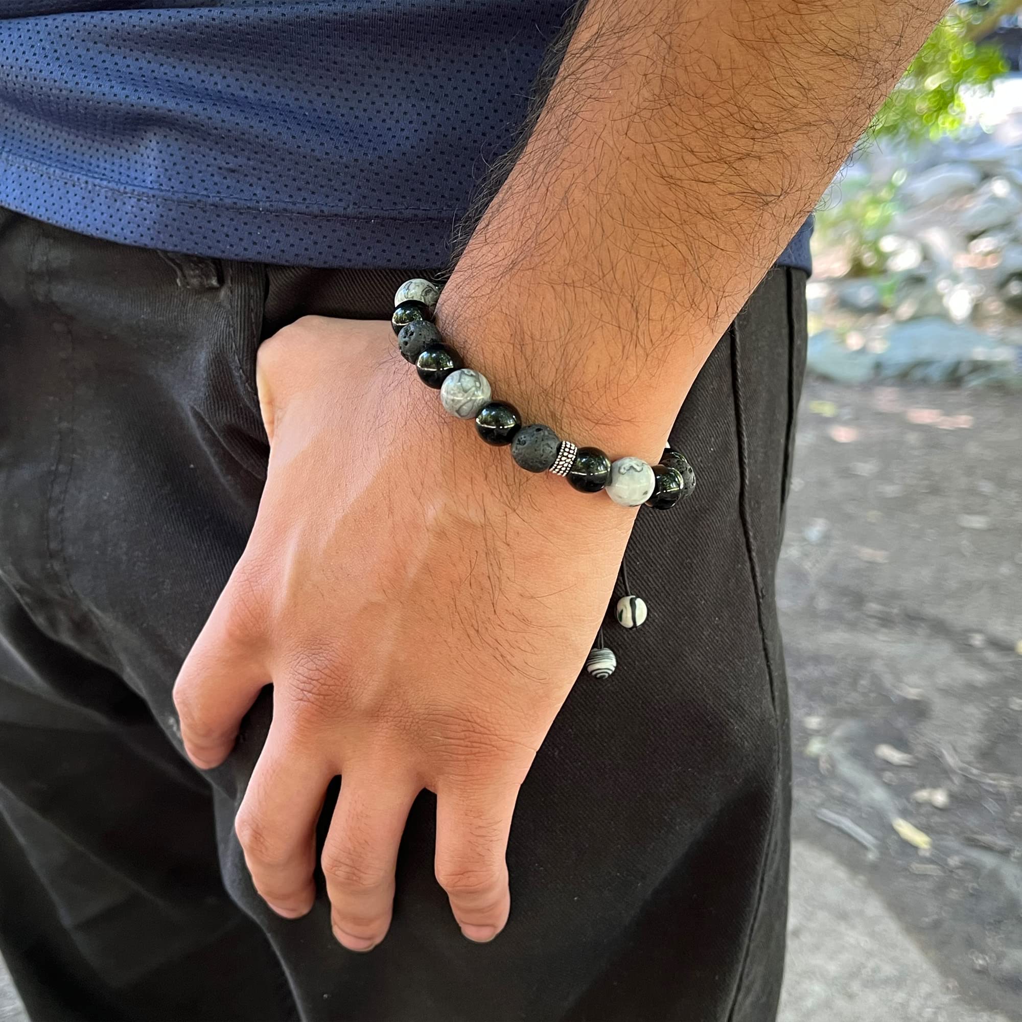 ARTSY Crafts Natural Gemstone Beads Bracelets for Men - Black Onyx Semi-Precious Stone Adjustable 7-9 Inch Wristbands, Grounding Chakra Healing Crystal Beaded Bracelet for Meditation, Anxiety Relief & Spiritual Wellness | Perfect for Yoga, Mindfulness Practice & Gift Giving
