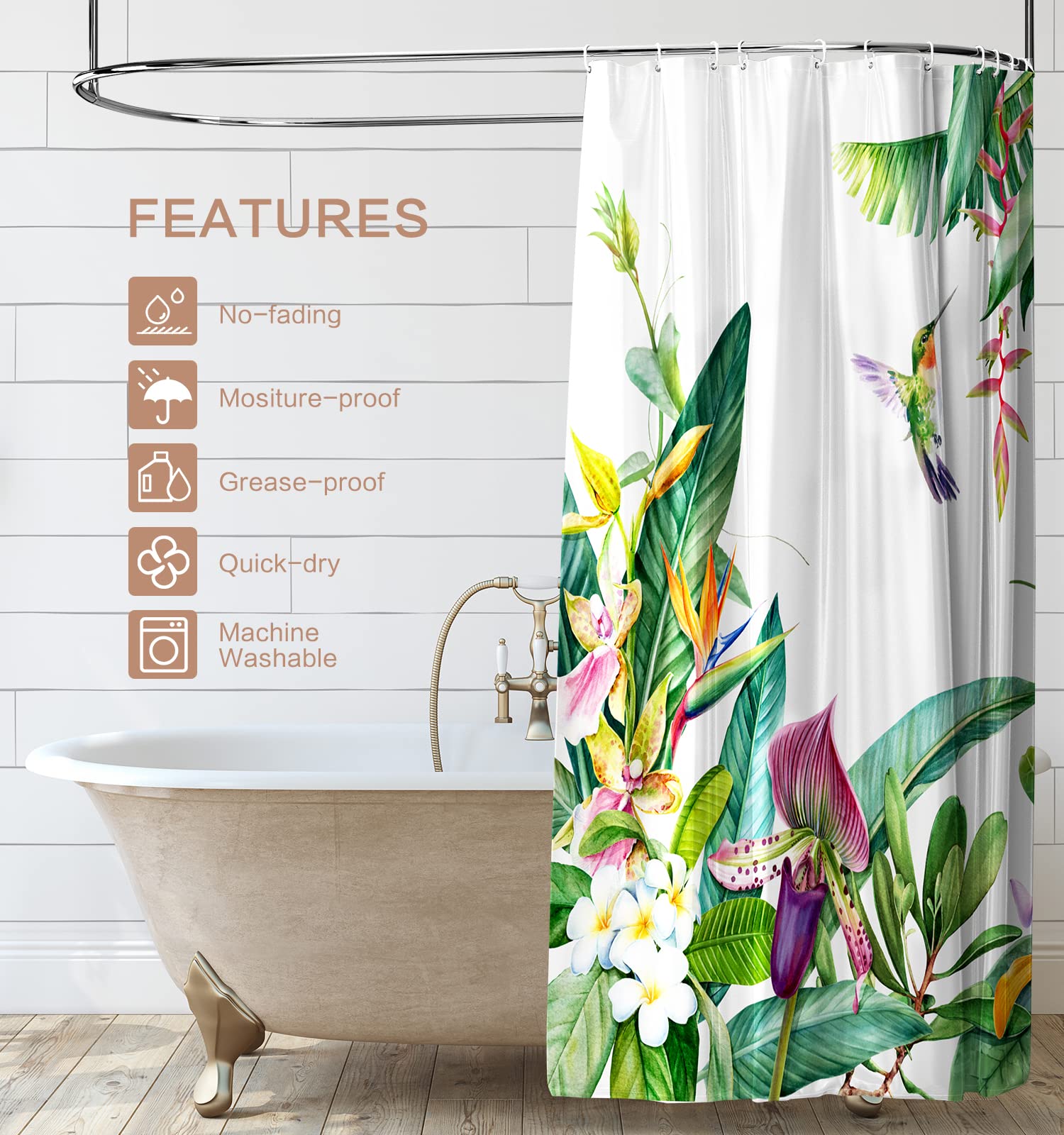 Green Plants & Hummingbird Waterproof Polyester Shower Curtain Set - 72x72 Inches Quick-Drying Bathroom Decor with 12 Hooks, Machine Washable - Perfect for Spring Refresh, Farmhouse or Nature-Themed Bathrooms