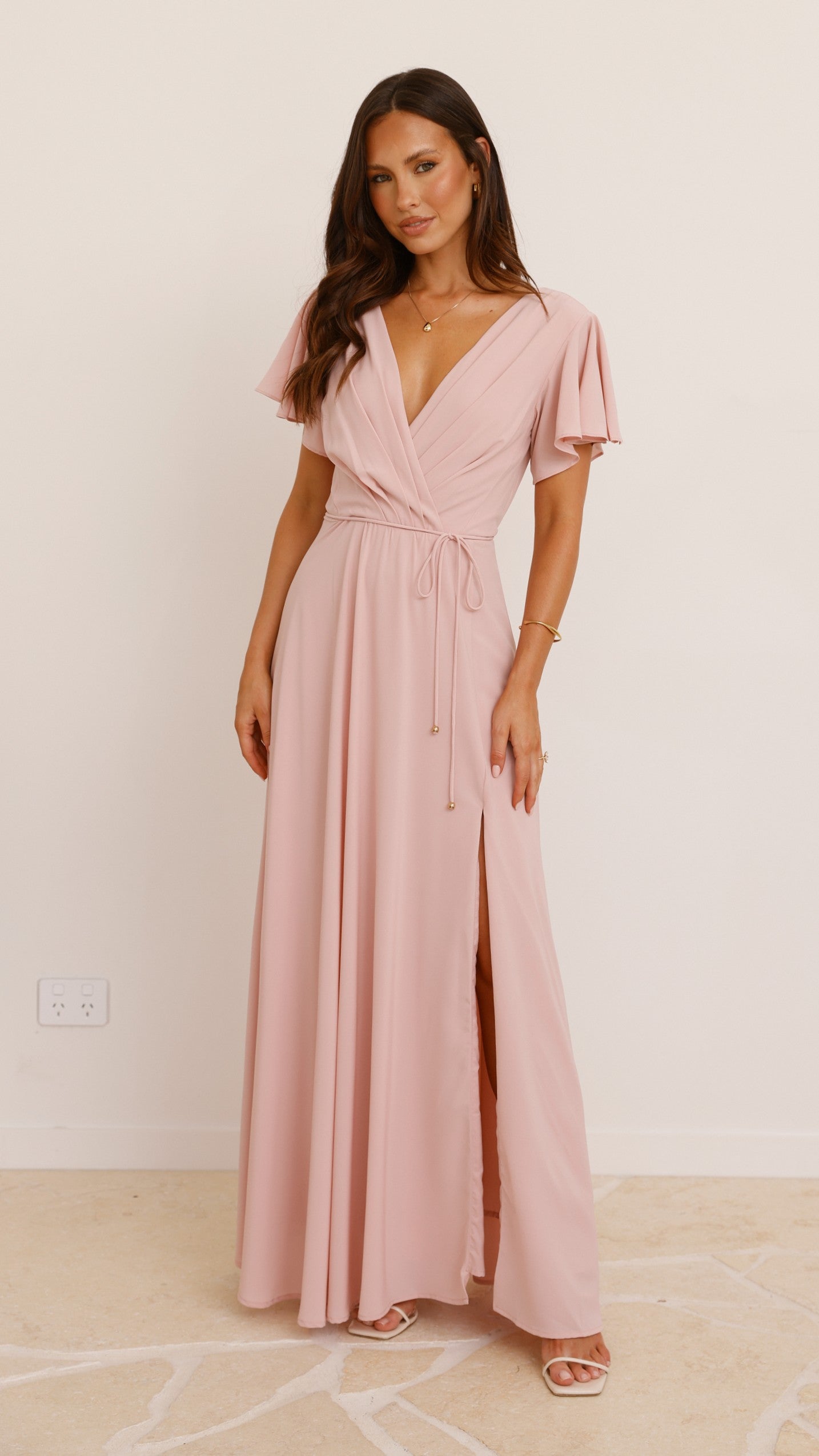 Charlize Maxi Dress for Women - Elegant Dusty Pink Flowy Long Dress for Summer, Beach, Wedding & Special Occasions