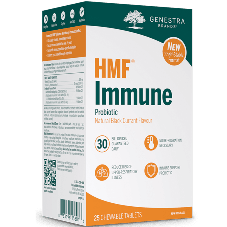 Genestra HMF Immune Probiotic 30 Billion CFU - 25 Chewable Tablets with Natural Black Currant Flavor - Shelf Stable - Supports Digestive & Immune Health - Perfect for Travel & Daily Wellness
