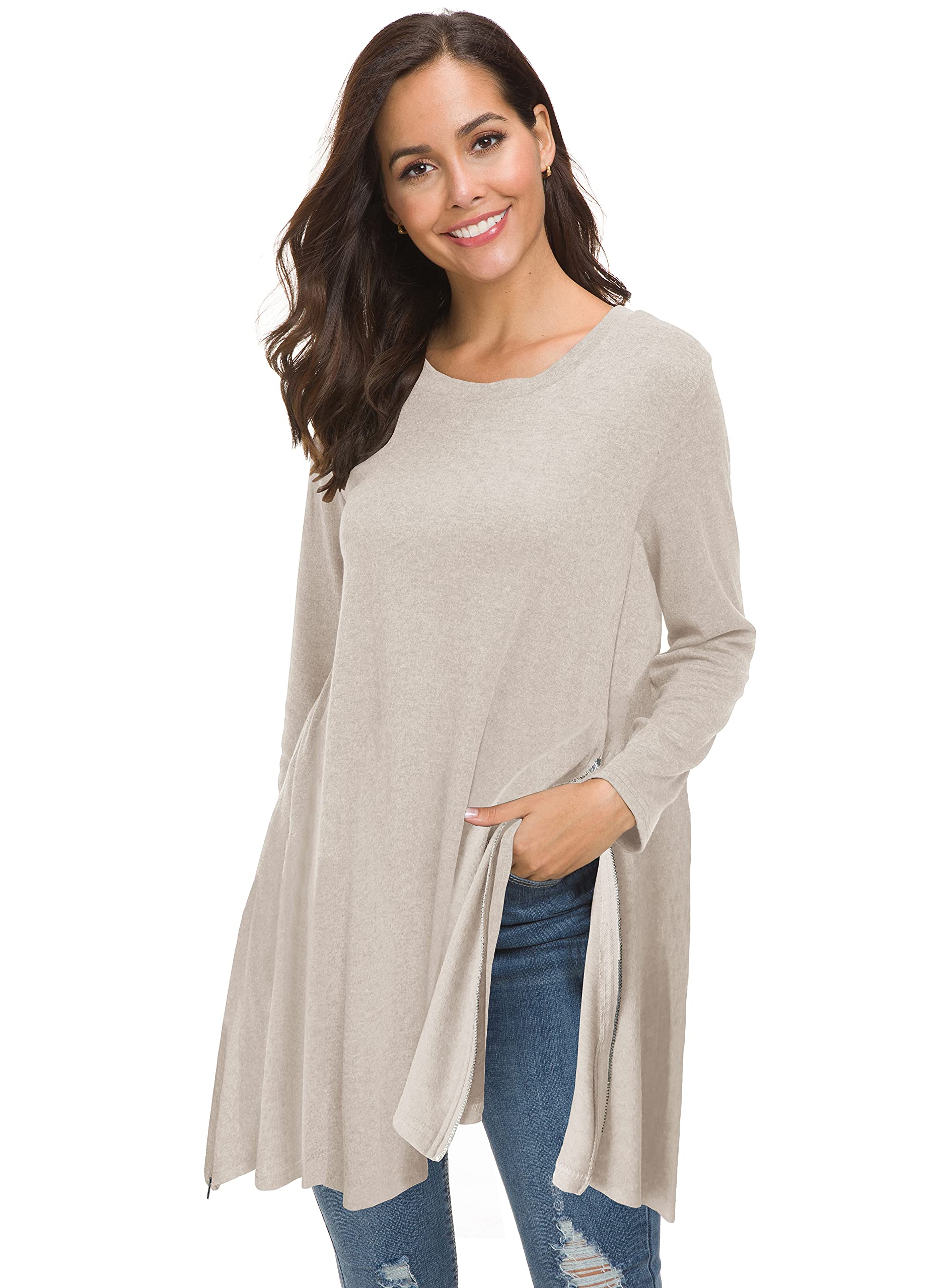 Afibi Women's Long Sleeve Loose Tunic Tops with Side Split - Casual Blouse for Leggings, Yoga, Workout & Everyday Wear
