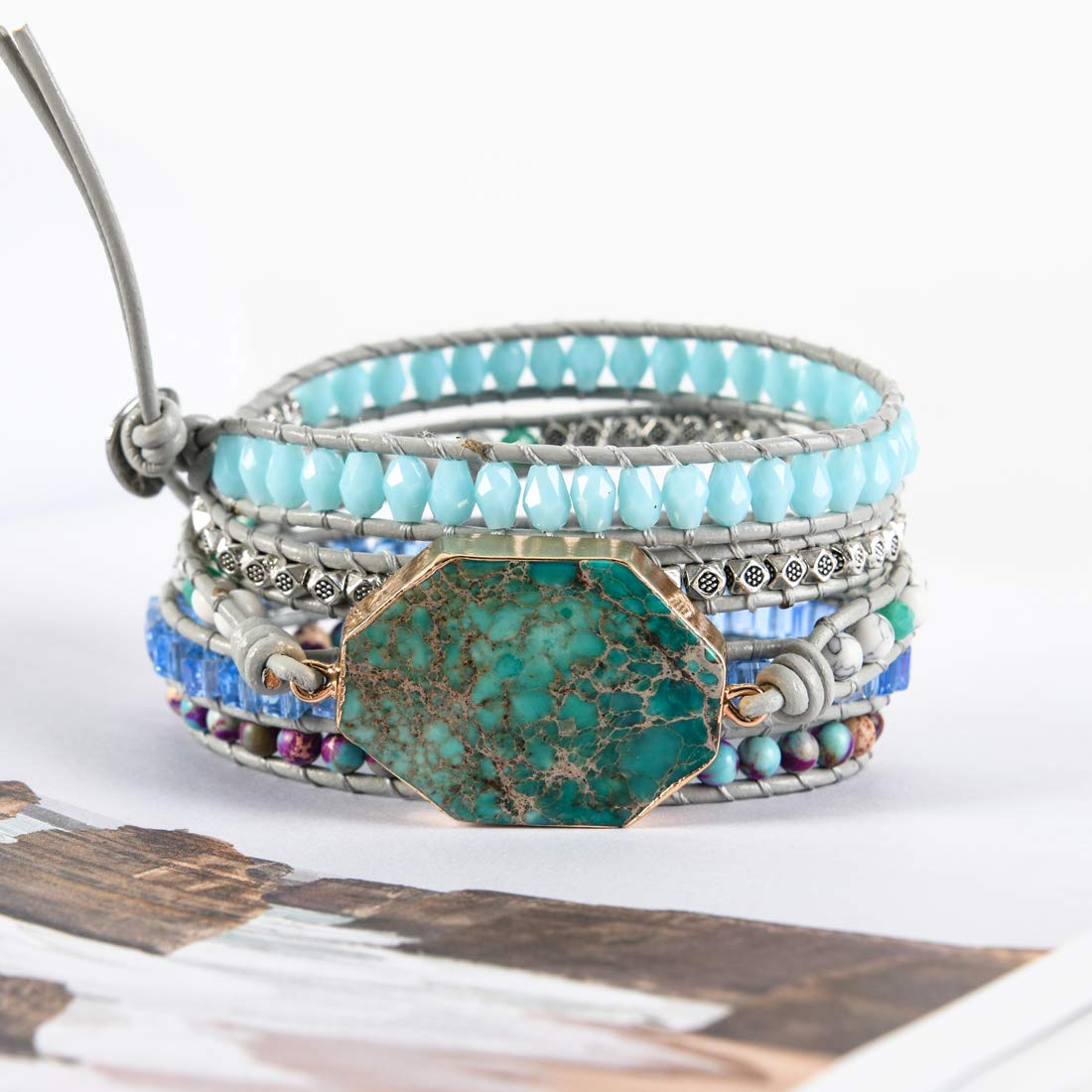 YGLINE Handmade Leather 5-Wrap Bracelet with Jasper Beads - Multi-Layer Yoga Bracelet in Mix Colorful Gemstones for Healing & Meditation | Perfect for Yoga Practice, Spiritual Healing & Boho Fashion Accessories