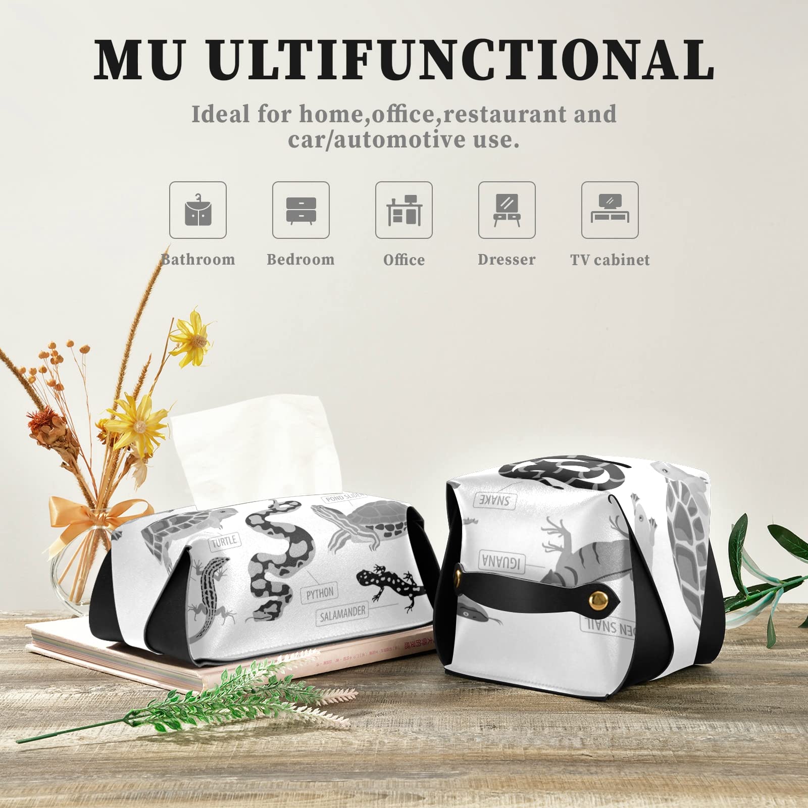 Premium Black & Grey Leather Tissue Box Cover for Reptile Pets (Frog, Iguana, Lizard, Snake, Turtle) - 9.4x5.1x3.6 Inch Rectangle Design with Handle - Perfect for Bathroom, Home, Office Desk, Nightstand, Vanity & Car