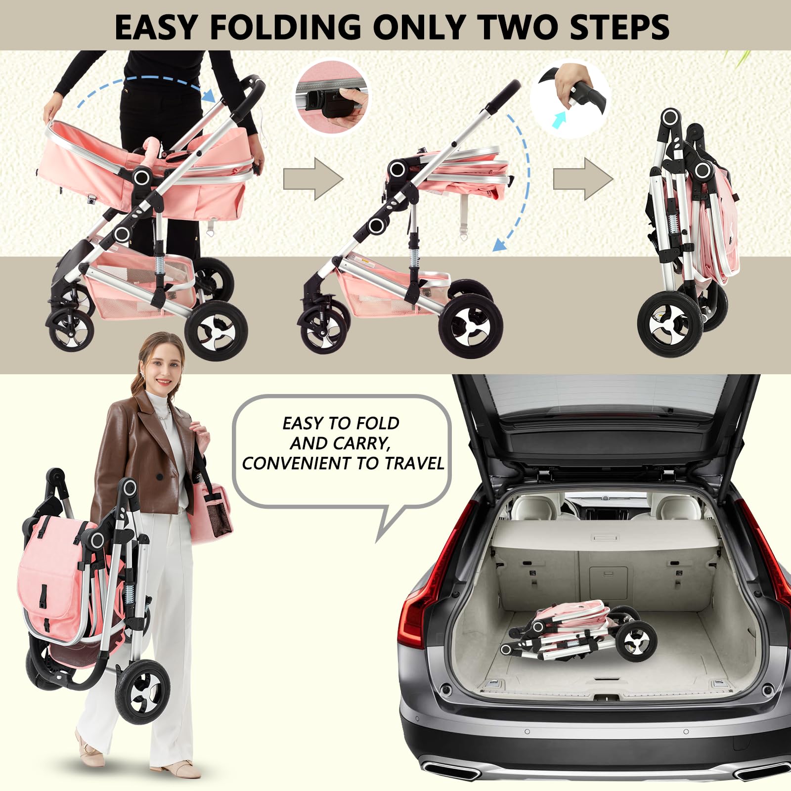 Kinder King 2 in 1 Convertible Baby Stroller - Lightweight Folding Travel Stroller with Reversible Bassinet & Adjustable Canopy | Includes Diaper Bag | Perfect for Newborns & Infants (Pink) | Ideal for Shopping, Travel & Daily Walks