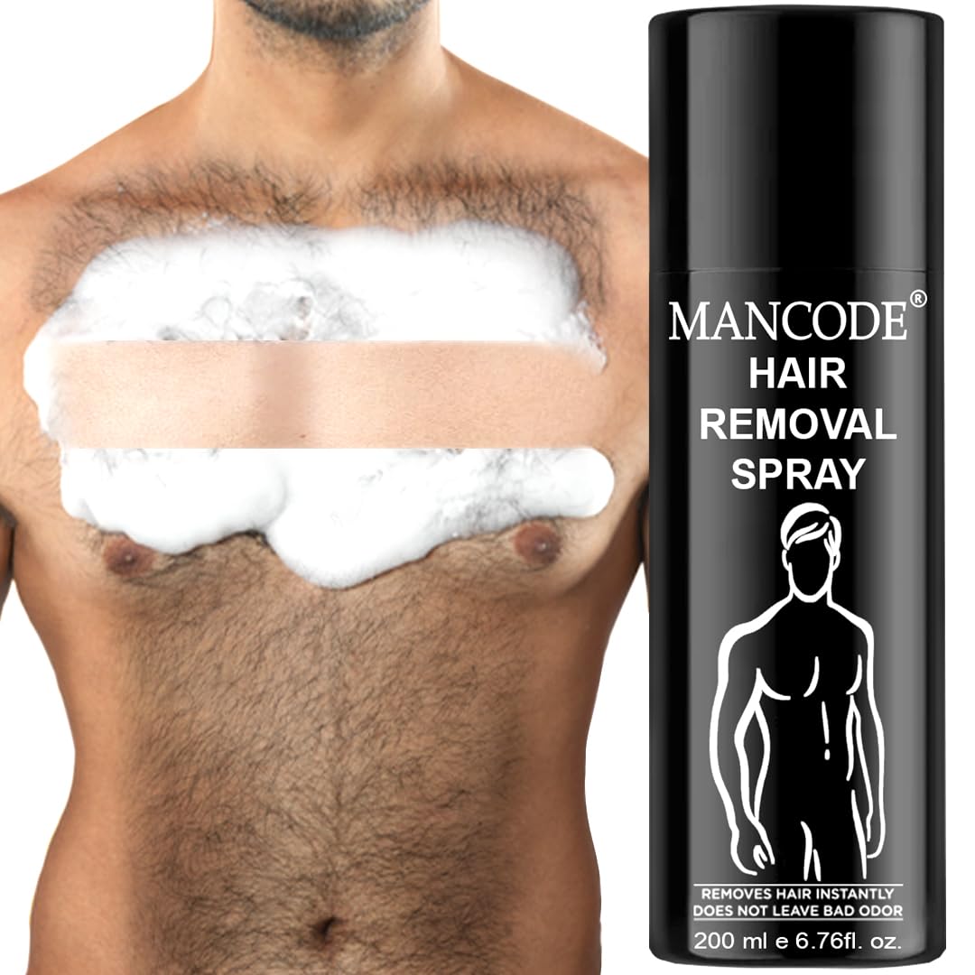 Mancode Hair Removal Spray for Men - Painless Body Hair Remover for Back, Chest, Legs, Arms & Intimate Areas - Fast Acting in 3-6 Minutes - 200ml - Ideal for Smooth Skin Before Beach, Gym or Date Night