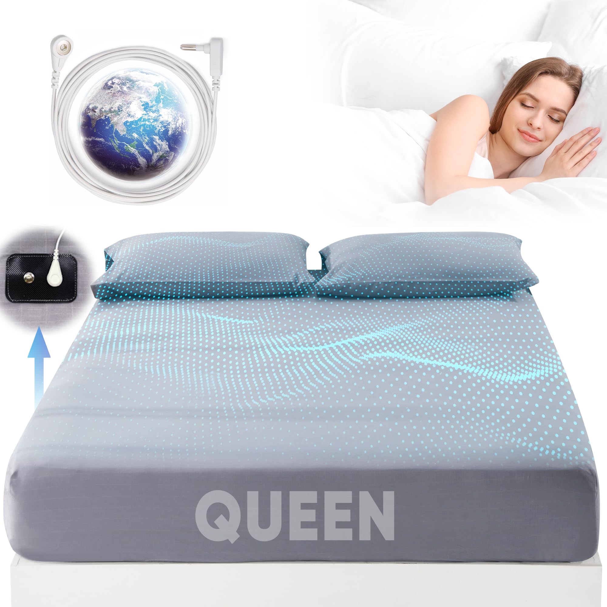 Organic Cotton Grounding Sheet Queen Size - 95% Cotton 5% Silver Fiber, Earth Connected Bedding with Grounding Cord (60x80 Inches, Gray) for Better Sleep & EMF Protection - Perfect for Home, Travel & Wellness Retreats