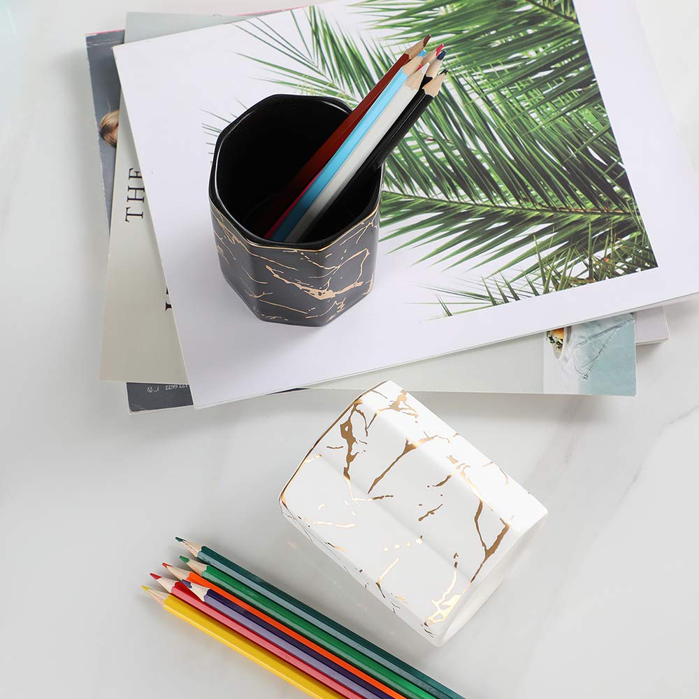 Golden Pattern Ceramic Pen Holder - Elegant Desk Organizer for Pencils, Pens & Office Supplies | Perfect for Home, Office & School Use (Black)