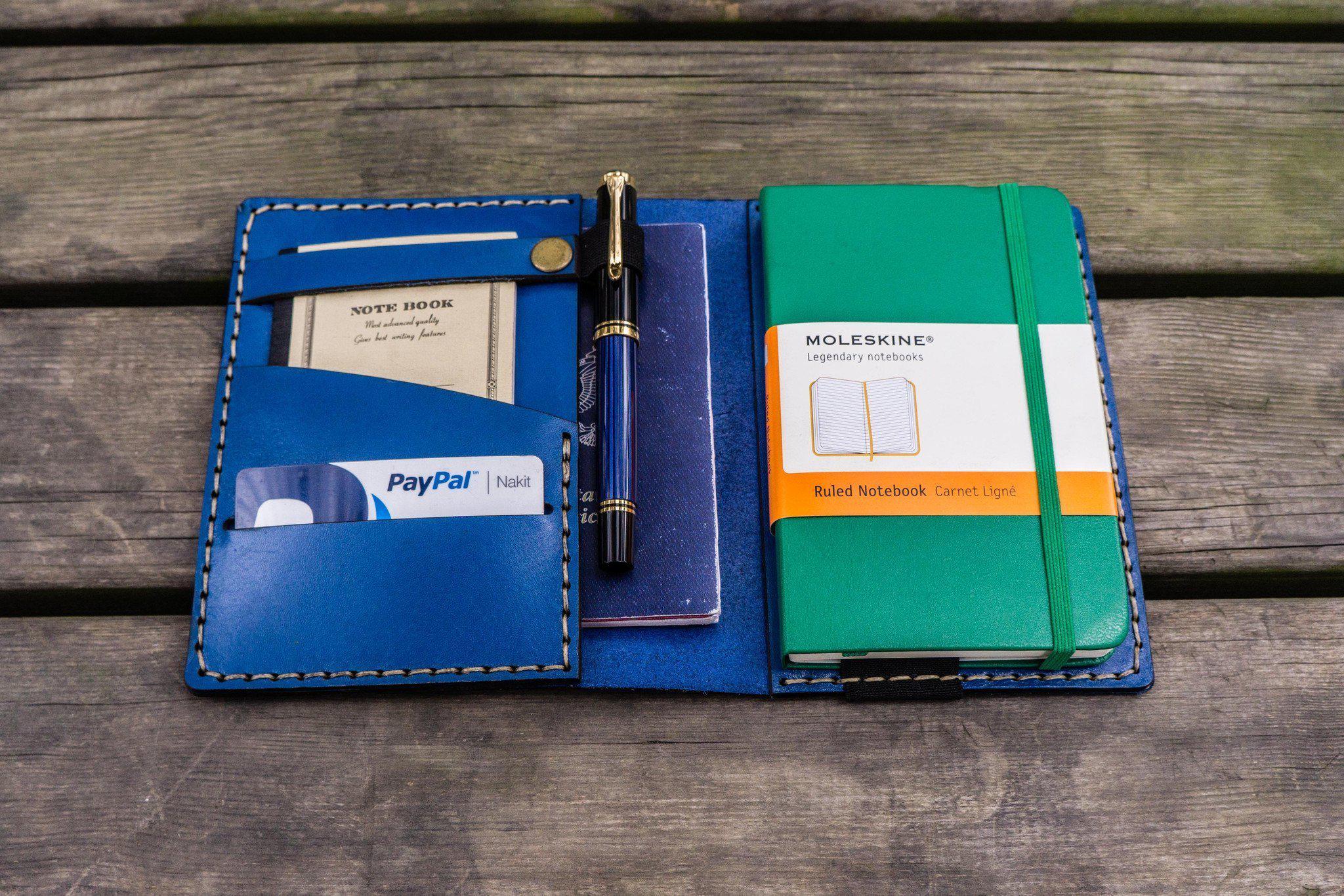 Premium Blue Leather Pocket Moleskine Journal Cover - Handmade Organizer for Travel, Business & Daily Note Taking