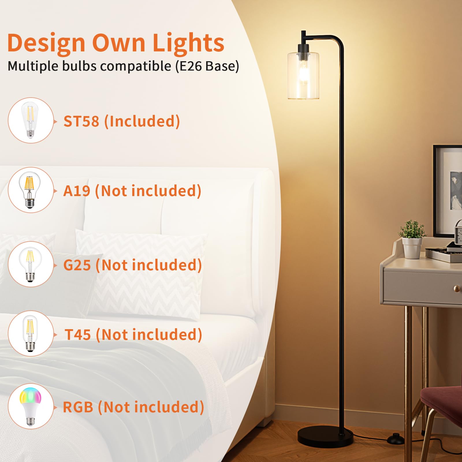 Industrial Floor Lamp with Glass Shade - Black LED Standing Light with Foot Pedal Switch & Easy Assembly | Modern Lighting for Living Room, Office, Reading Nook & Bedroom