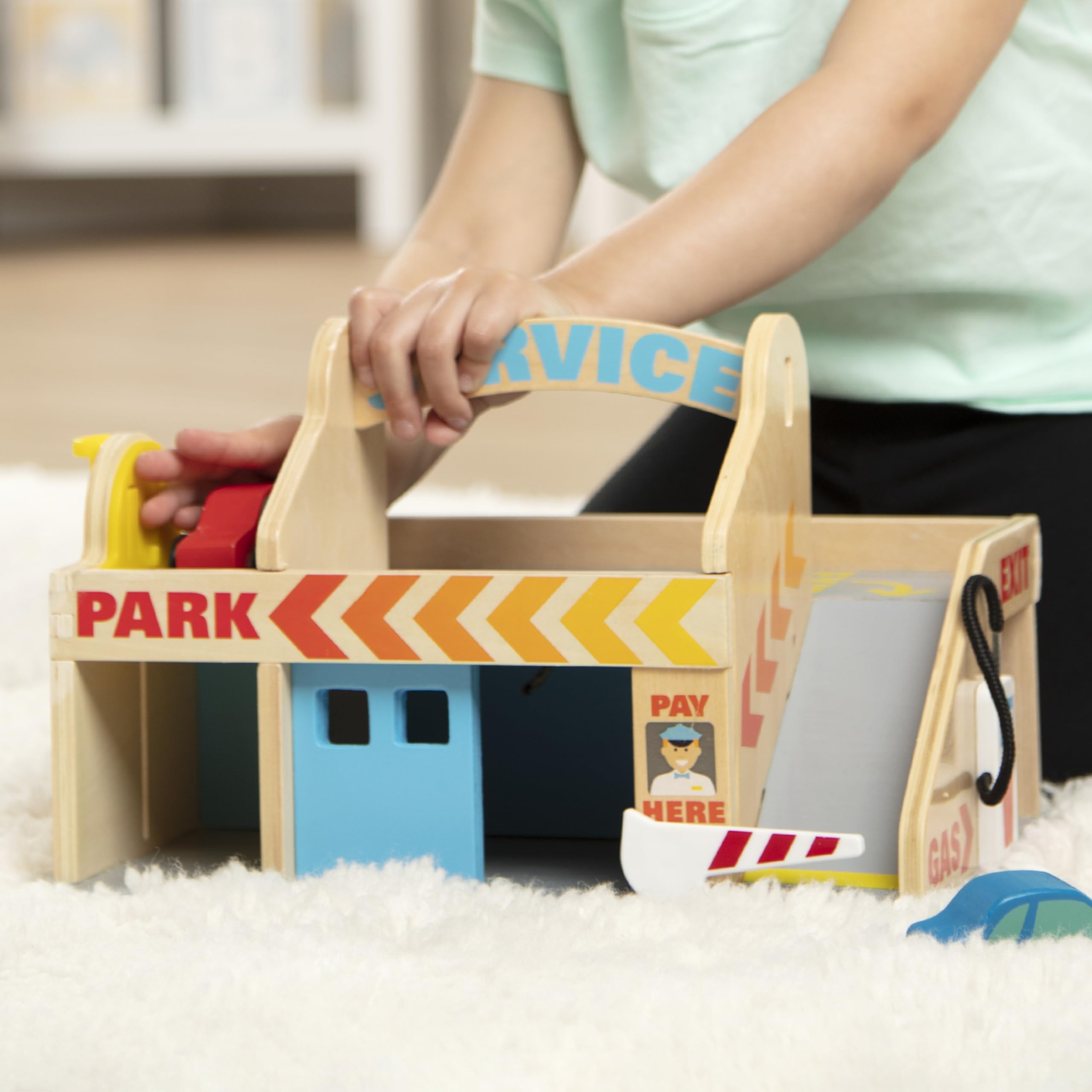 Melissa & Doug Wooden Service Station Parking Garage Toy Set with 2 Cars & Drive-Thru Car Wash - Perfect for Kids Pretend Play & Early Learning (SIOC)