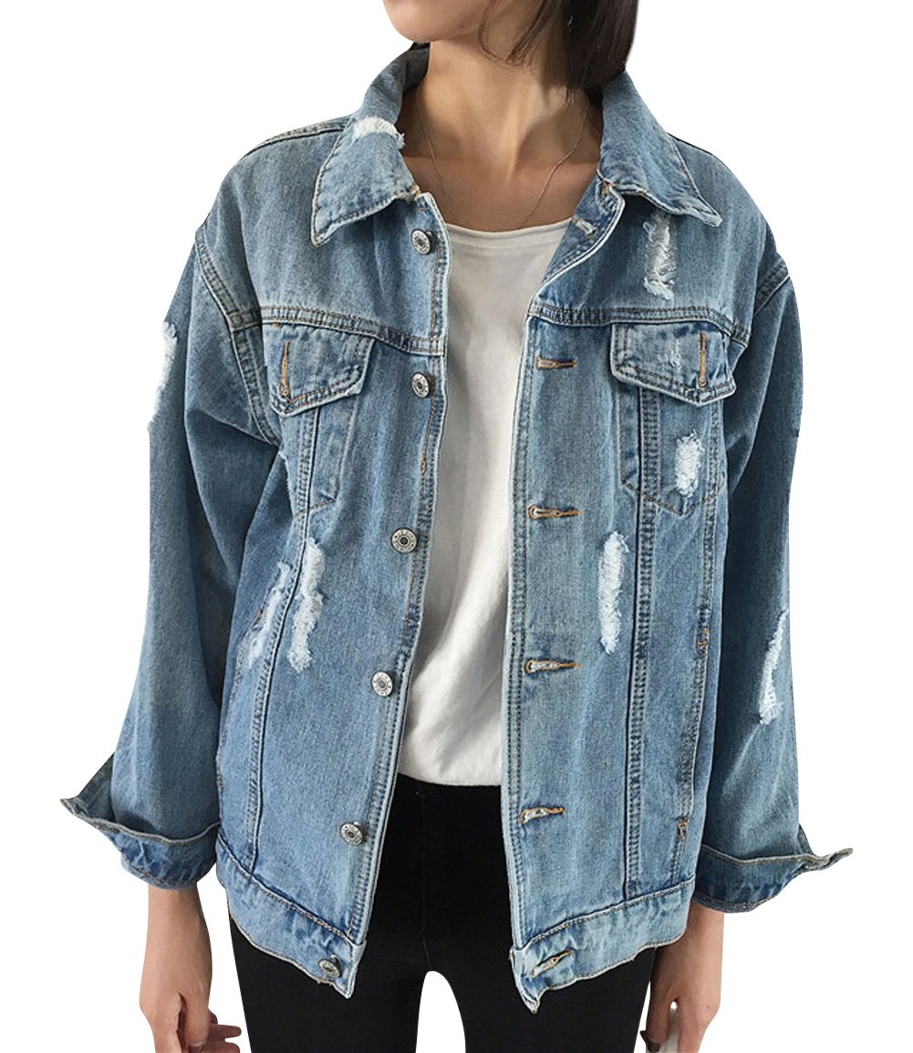 JUDYBRIDAL Women's Oversized Denim Jacket - Distressed Ripped Boyfriend Style Long Sleeve Coat for Casual Outfits & Streetwear Fashion | Perfect for Layering, Date Nights, and Everyday Wear