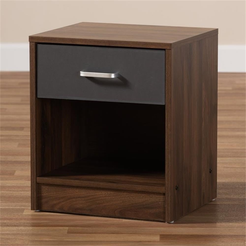 BOWERY HILL Modern 1-Drawer Nightstand - Dark Brown & Grey Bedside Table for Bedroom, Living Room, or Office Storage