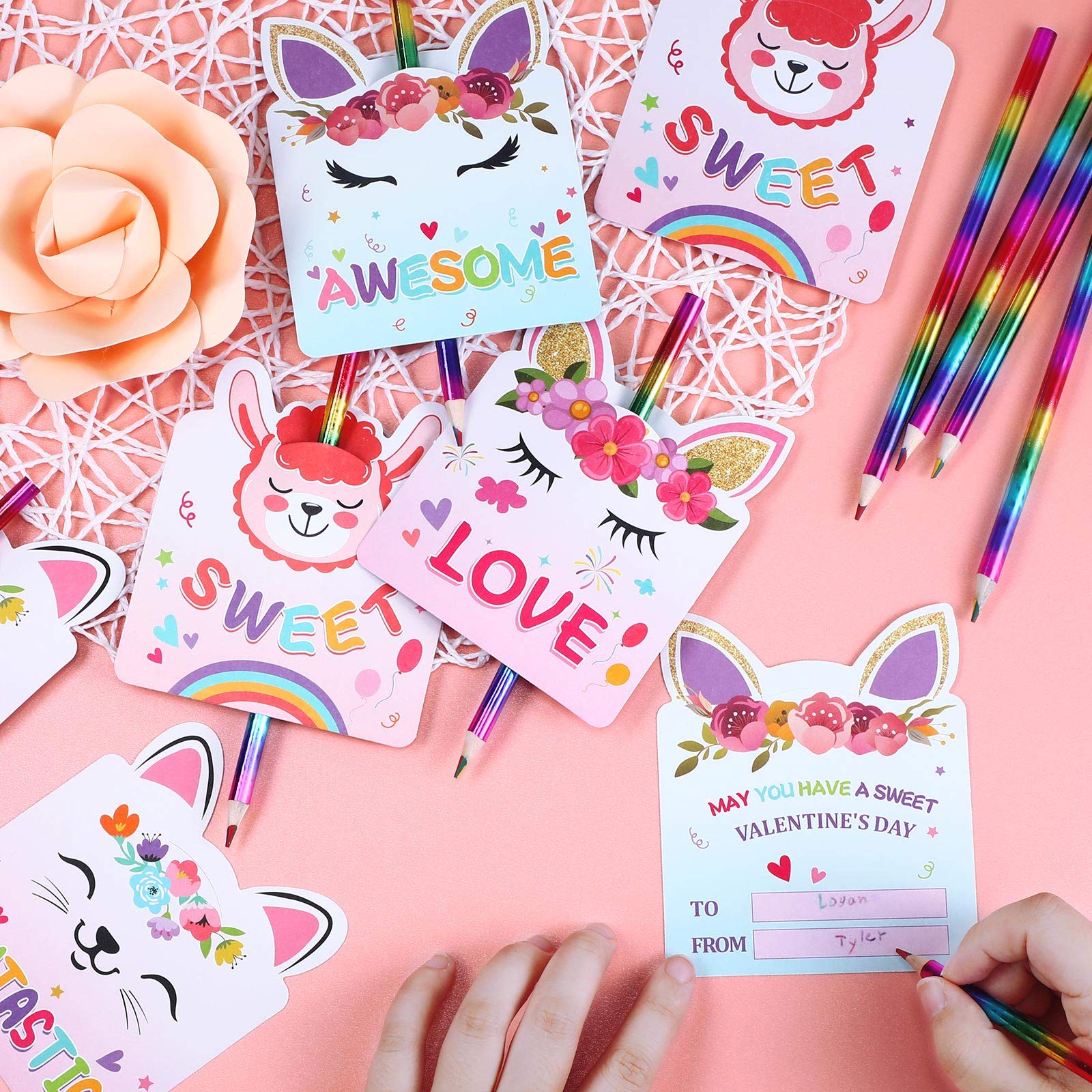 Zonon 30 Sets Valentine's Day Cards with Rainbow Pencils - Unicorn & Cute Animal Greeting Cards for Kids Classroom Exchange, Party Favors - Perfect for Valentine's Day Celebrations & School Events