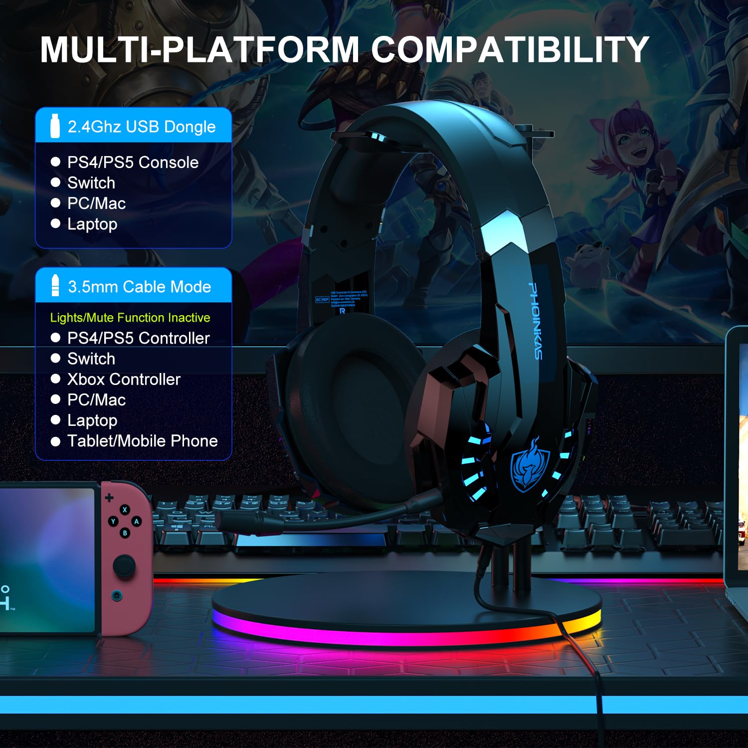 PHOINIKAS 2.4GHz Wireless Gaming Headset for PS5, PS4, PC, Nintendo Switch - Over Ear Headphones with Noise Cancelling Mic, 7.1 Surround Sound, 40+ Hour Battery Life (Blue) - Perfect for Competitive Gaming & Late Night Sessions