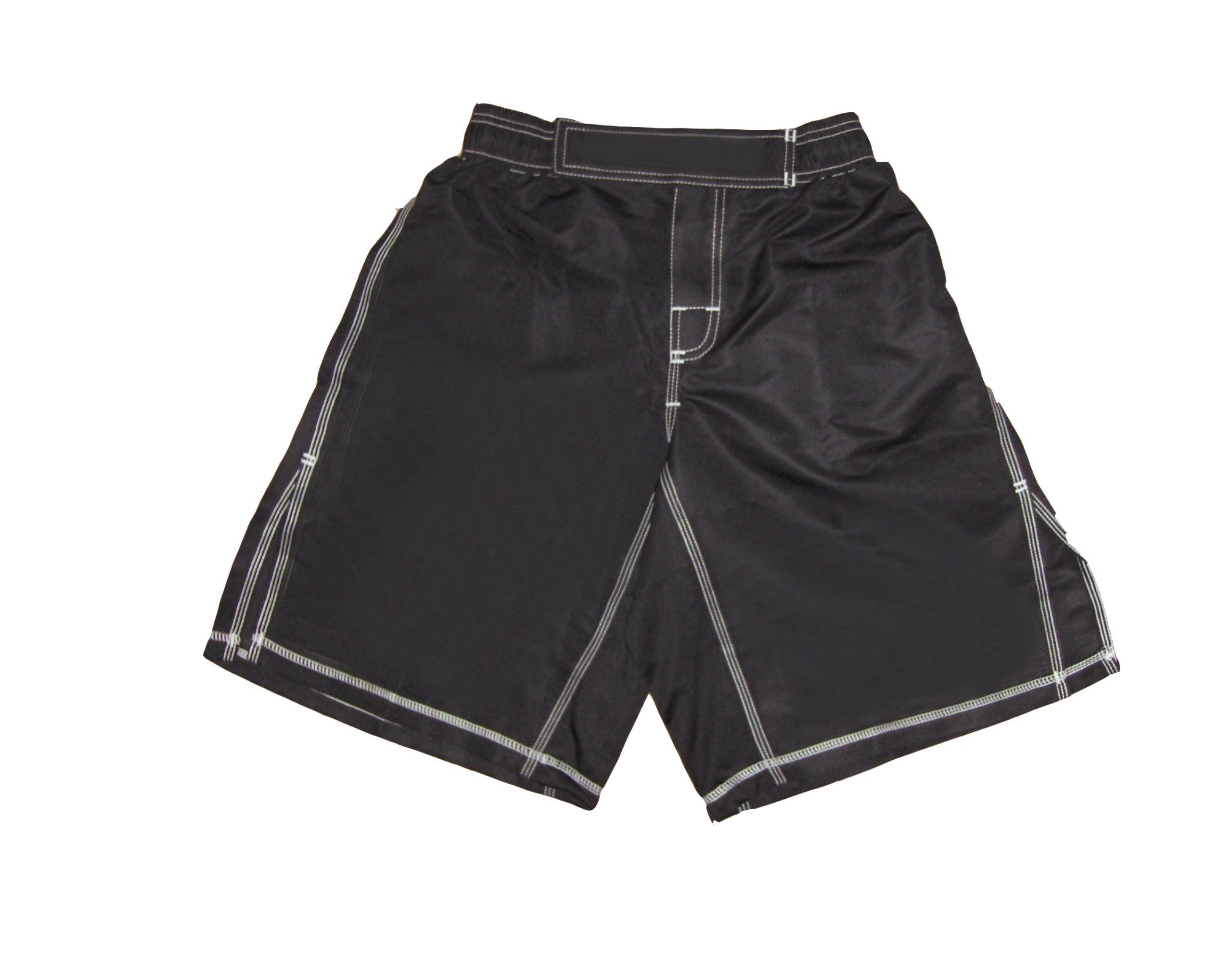 MMA Board Shorts for Men - Black with White Stitching, Size Large - No Logo - Durable Fitness & Gym Equipment - Perfect for Grappling, Kickboxing, Muay Thai Training & Combat Sports - Ideal for MMA Fighters, Martial Arts Practitioners & Fitness Enthusiasts