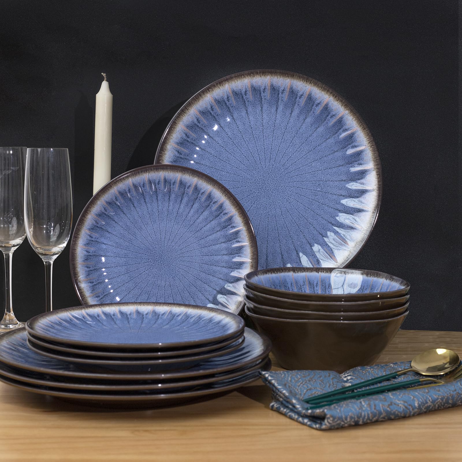 12-Piece Melamine Dinnerware Set - Unbreakable Plates & Bowls for Outdoor Dining, Camping, Picnics - BPA-Free, Dishwasher Safe (Classic Blue) - Perfect for Patio Parties, RV Trips & Backyard BBQs