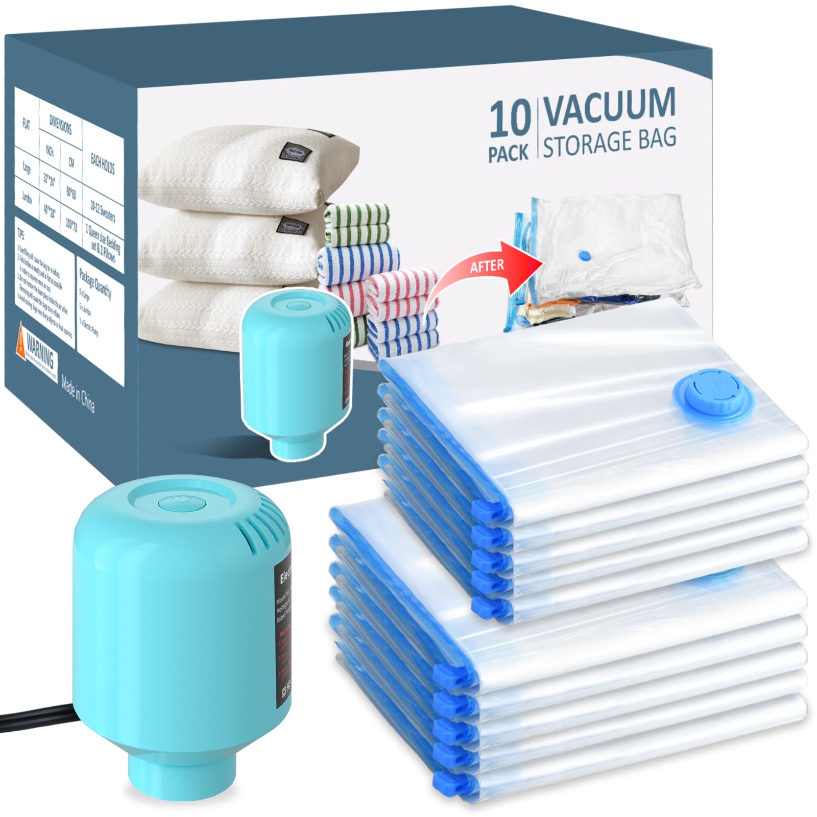 LKV Vacuum Storage Bags for Clothes, Duvets & Bedding - 10 Pack (5 Large/5 Medium) with Air Pump - Space Saving Solution for Travel, Moving & Home Organization