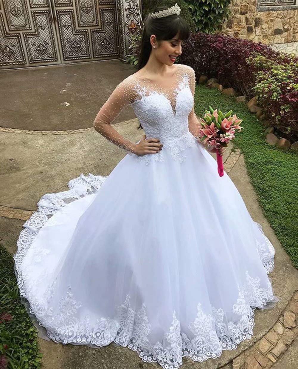 Elegant Crystal Beaded Wedding Dress for Bride - Long Sleeve Lace Ball Gown with Tulle Skirt | Perfect for Church Ceremony, Formal Reception & Bridal Photography
