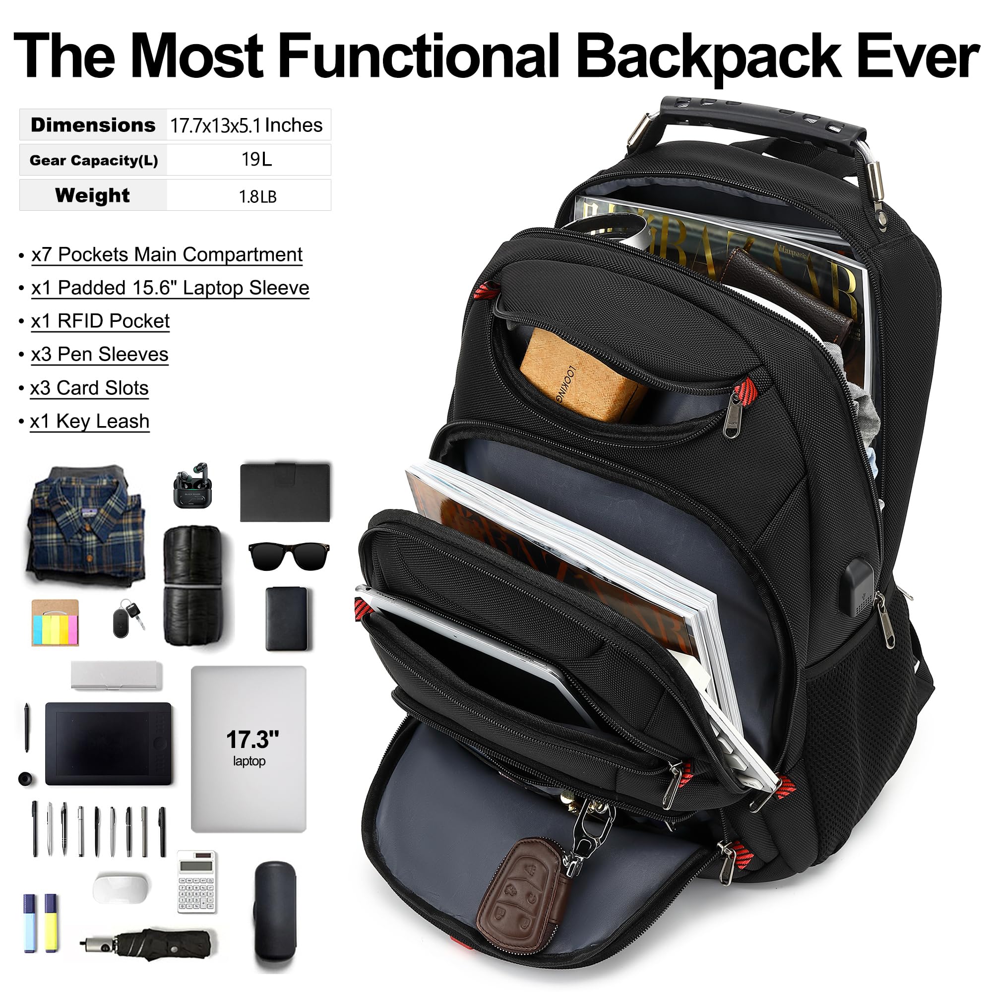 Boavan 15.6 Inch Laptop Backpack for Men - USB Charging Port, Waterproof, Anti-Theft Design - Ideal for Travel, Work, School, Office, and Business - Perfect for Teachers, Nurses, Doctors - Black