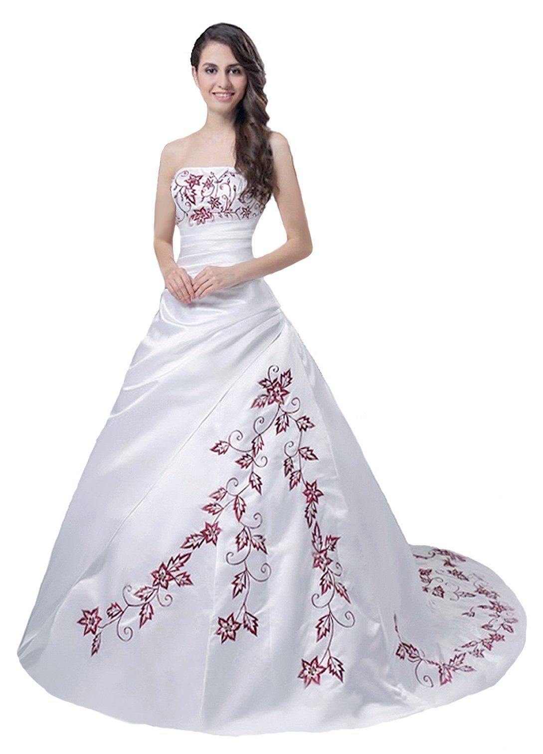 FairOnly M56 Red Embroidery White Wedding Dress - Size S | Elegant Bridal Gown for Church Ceremony, Beach Wedding & Formal Occasions