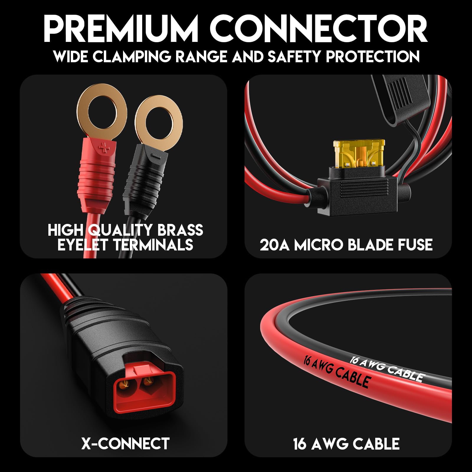 16 AWG Wire Harness with X-Connect & M10 XL Eyelet Terminals - Compatible with NOCO Battery Charger & Battery Tender - Extension Cable & Accessories for Car, Boat, RV & Motorcycle Battery Maintenance