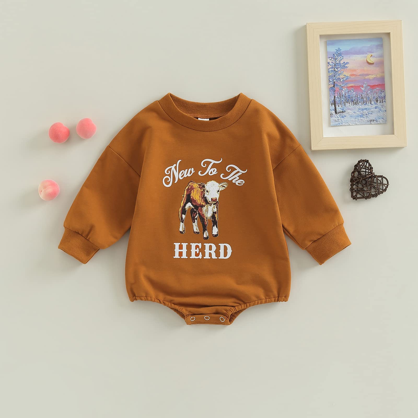 Omkzanbi Western Cow Print Baby Romper - Long Sleeve Bodysuit for Boys & Girls (12-18 Months) | Soft Cotton Newborn Onesie for Fall & Winter | Perfect Coming Home Outfit & Photo Shoot Costume